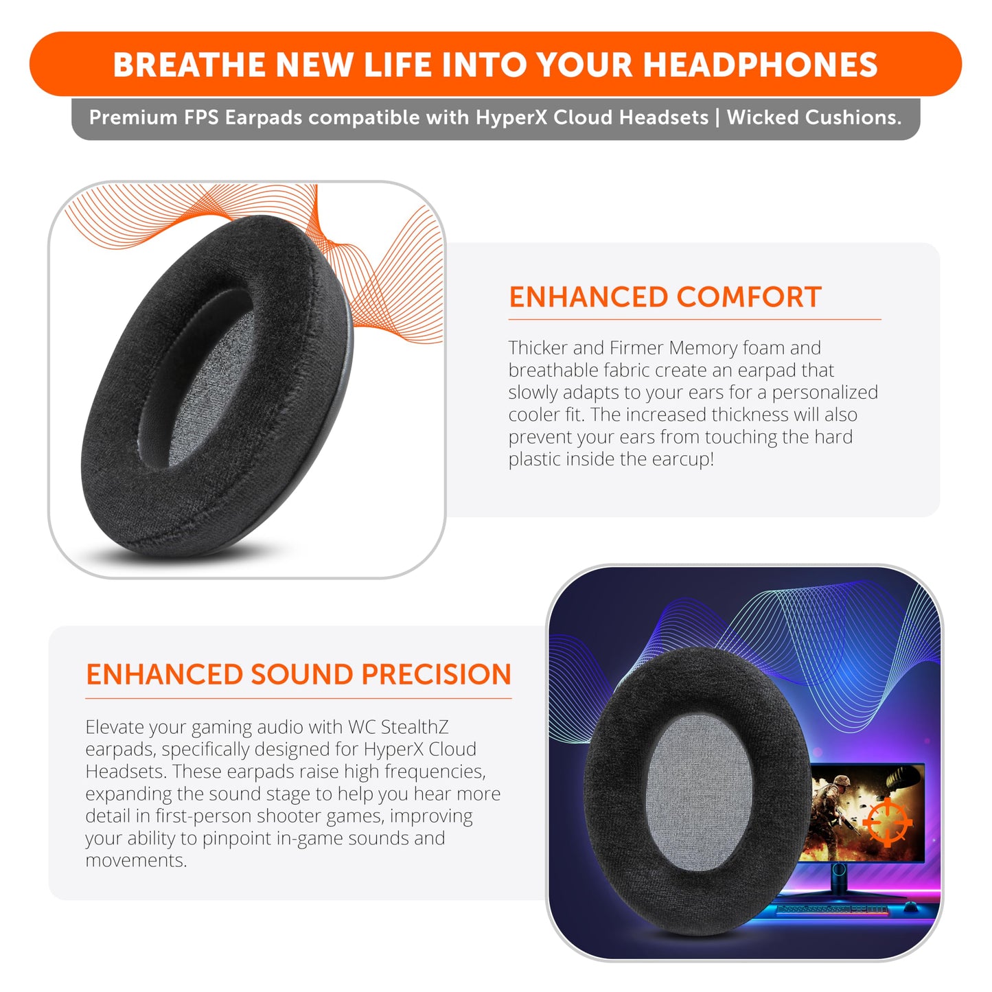 WC StealthZ Cloud - FPS Oriented Earpads for HyperX Cloud Alpha, Cloud 2, Cloud Stinger & More by GadgetryTech & Wicked Cushions | Enhanced Sound