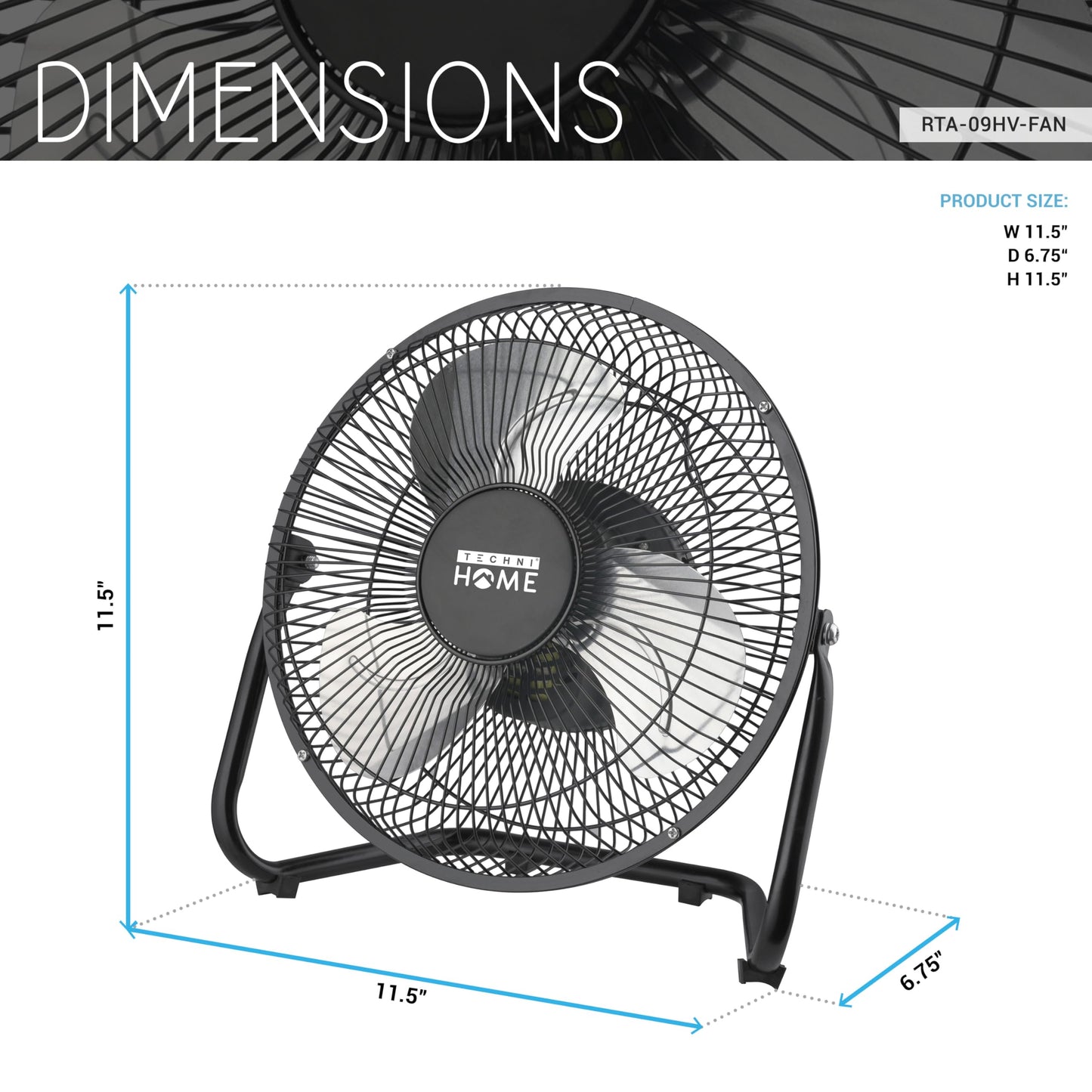 Techni Home 9" High Velocity Portable Electric Fan, 2‑Speed Floor/Table Fan