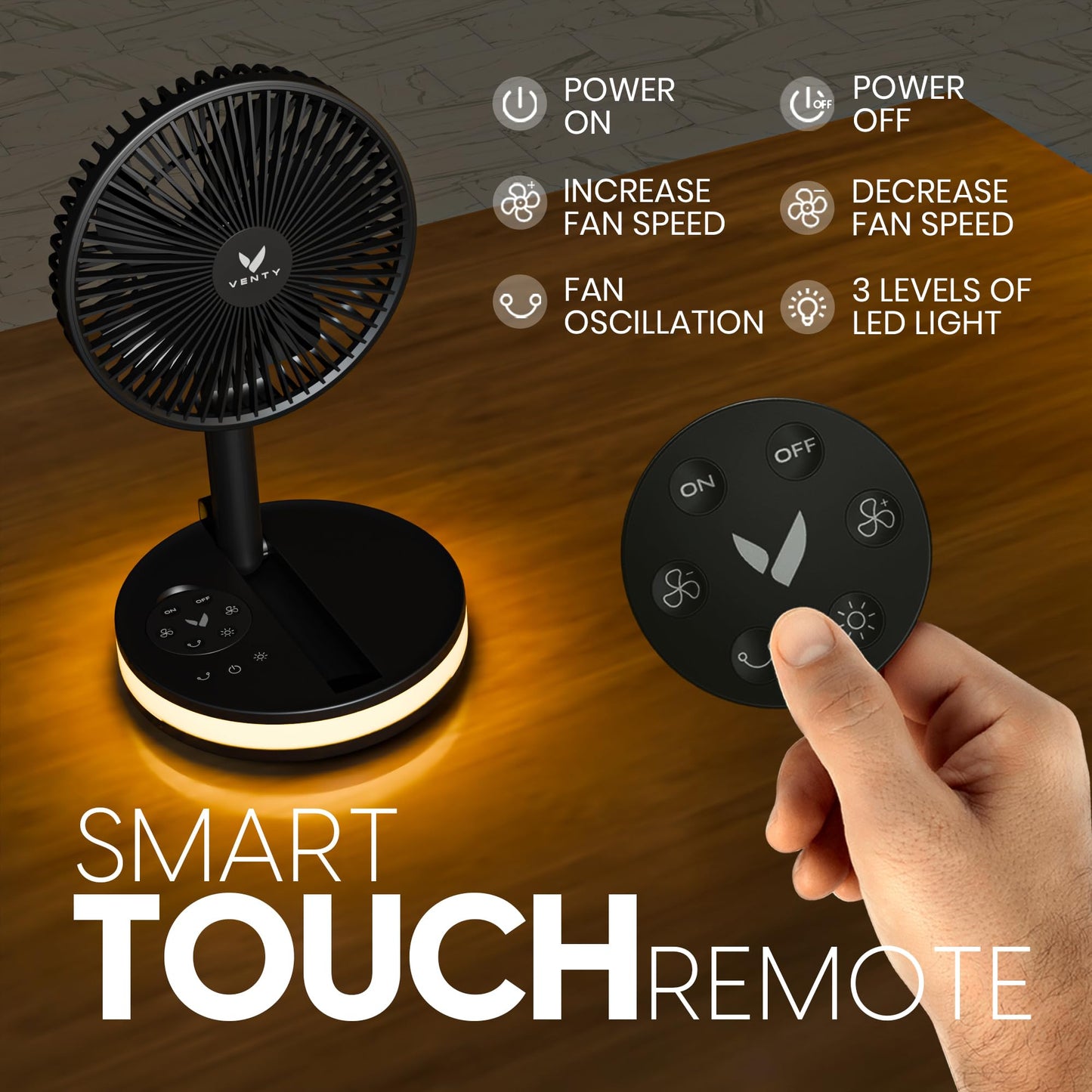 VENTY Portable Fan - Wireless Battery Operated Fan - 4 Speeds - LED Lighting - Carry Case & Remote Control - Cruise Travel - Outdoor Travel RV Power