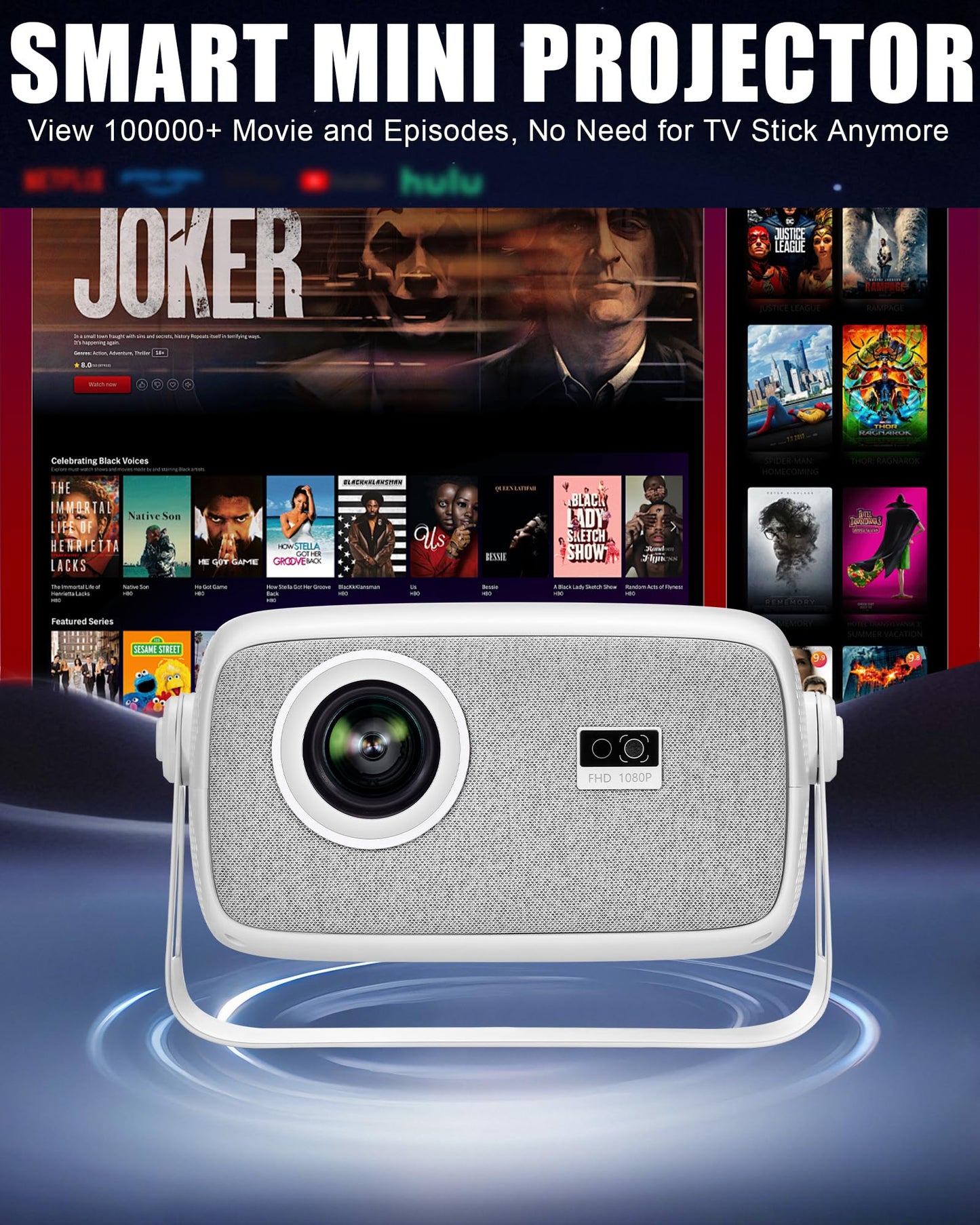 ?Official Licensed Netflix & Electric Focus?Mini Projector with WIFI and Bluetooth, 270° rotation, Braided fabric design, Outetrails Native 1080P