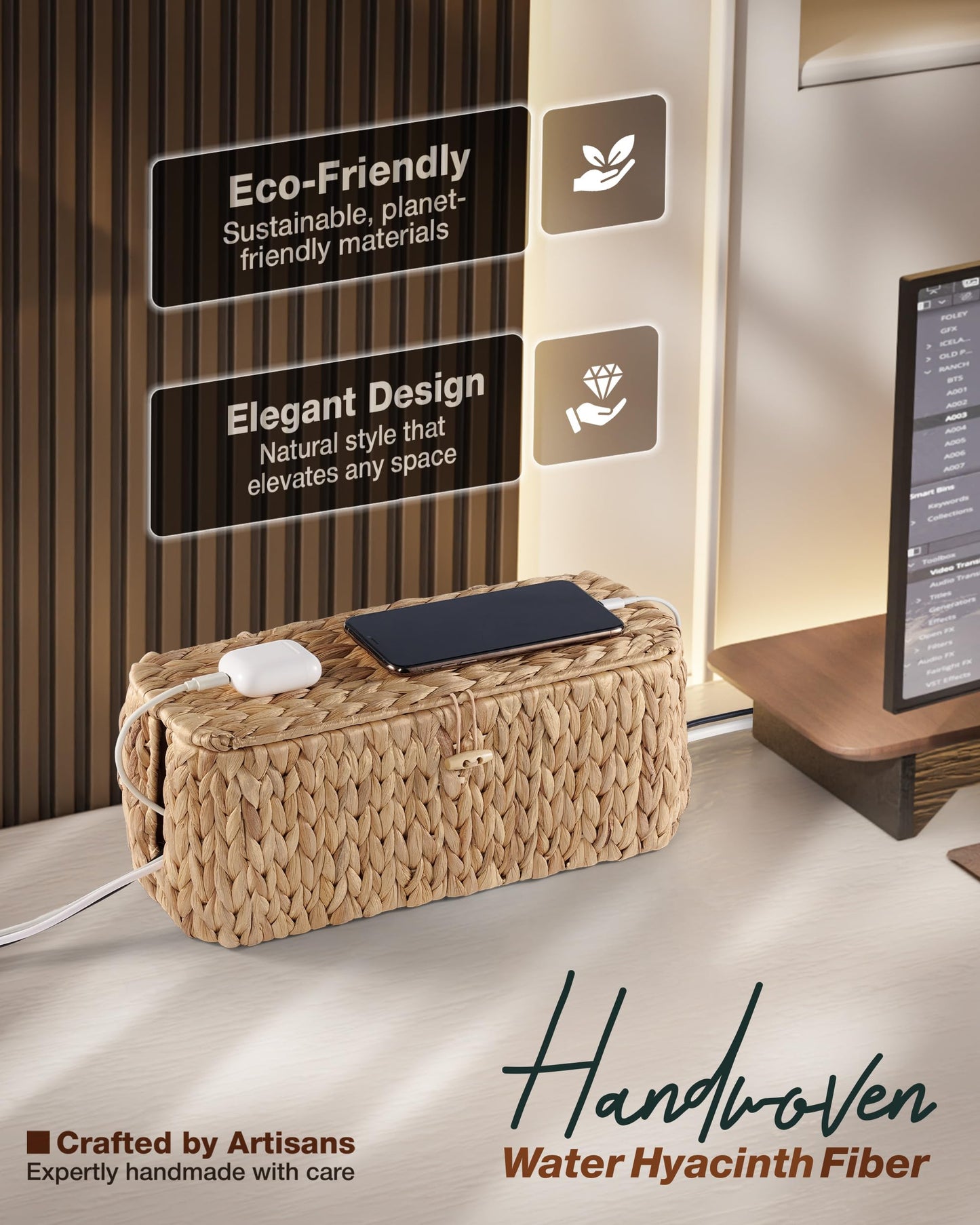 BLUEWEST Cable Management Box, Water Hyacinth Organizer Box, Durable Rattan Cable Organizer with Dual Open Slots for Desk, TV, or Office Cords, Stores