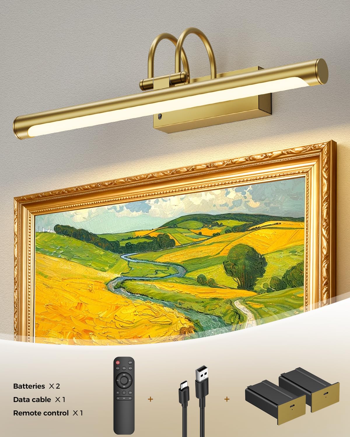 Battery Operated Picture Light with Remote, 15.7? Wireless Wall Light for Artwork & Frames, Rechargeable LED Gallery Lamp, Dimmable with Timer