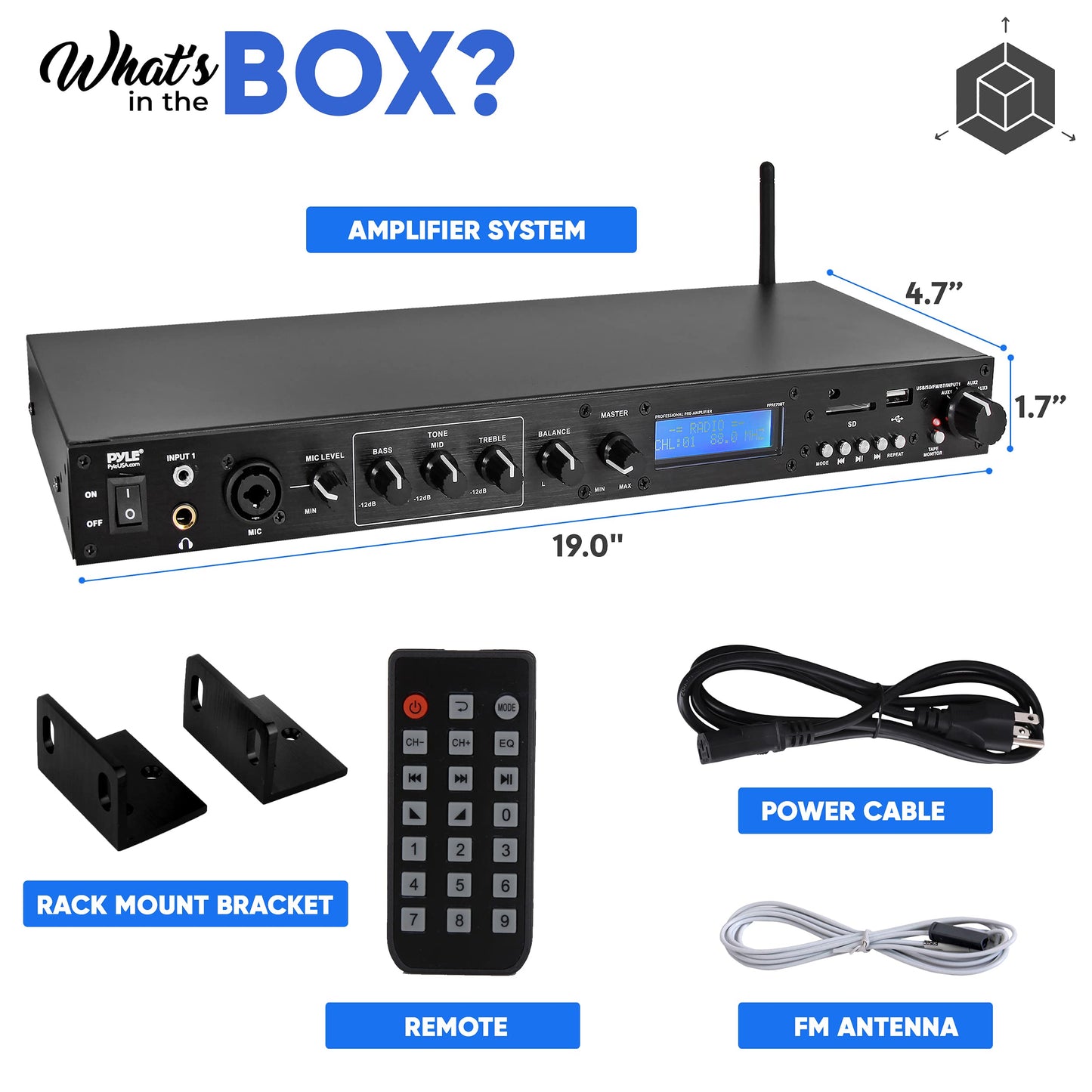 Pyle Rack Mount Studio Pre-Amplifier - Audio Receiver System w/ Digital LCD Display Bluetooth FM Radio Recording Mode Remote Control USB Flash or SD