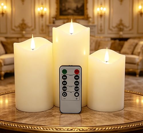 CFDECOR Flickering Flameless Candles with Remote Timer,Realistic 3D Moving Flame Led Candles,Set of 3 Battery Operated Pillar Fake Electronic Real Wax