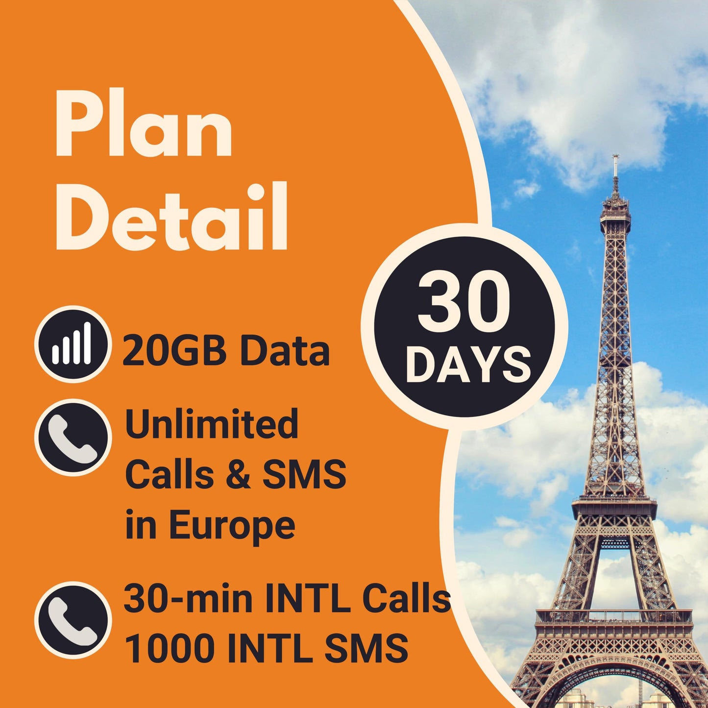 Orange Holiday Europe Prepaid Sim 20GB Internet Data | 30 Days-Use | Data tethering Allowed | 30min & 200 SMS from Europe to Any Country Worldwide+1