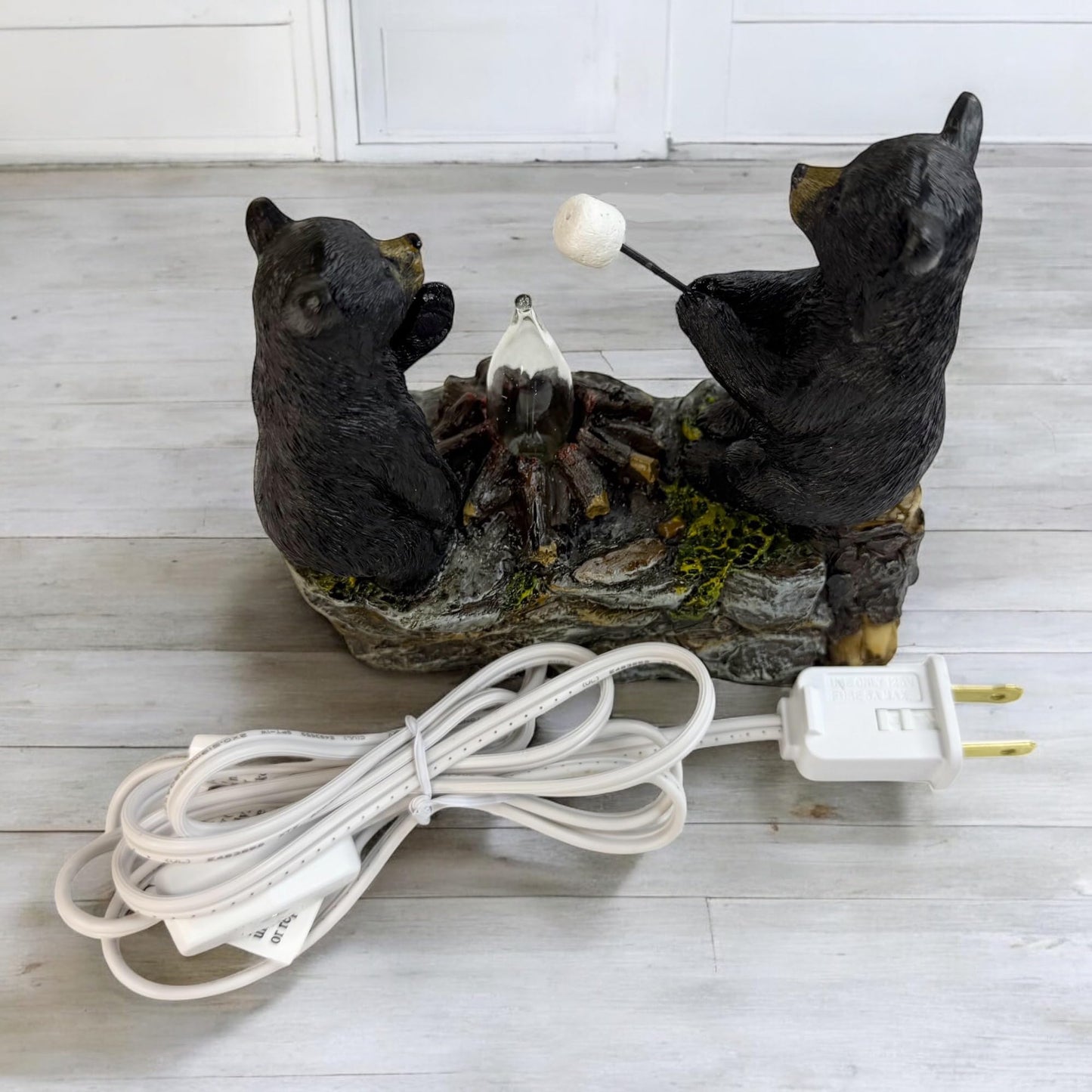Top Brass Rustic Black Bear Campfire Night Light - Plug-in Flickering Flame Cabin Decor - Hand-Painted Resin Wildlife Accent for Lodge, Bathroom