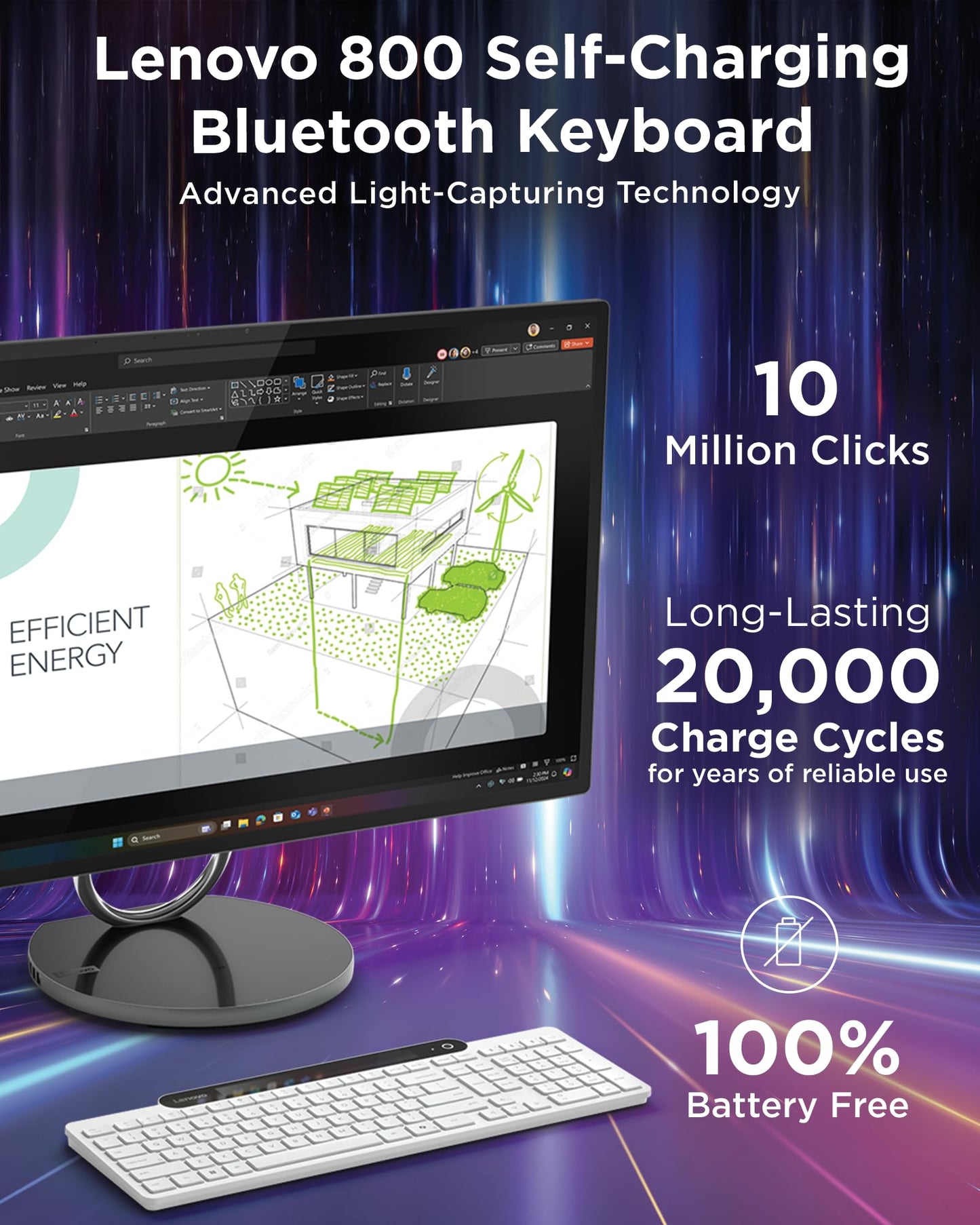 Lenovo 800 Self-Charging Bluetooth Keyboard, Uses Ambient Light for Charging, Bluetooth 5.1, Supports 3 Devices, Battery Free, Wireless, White