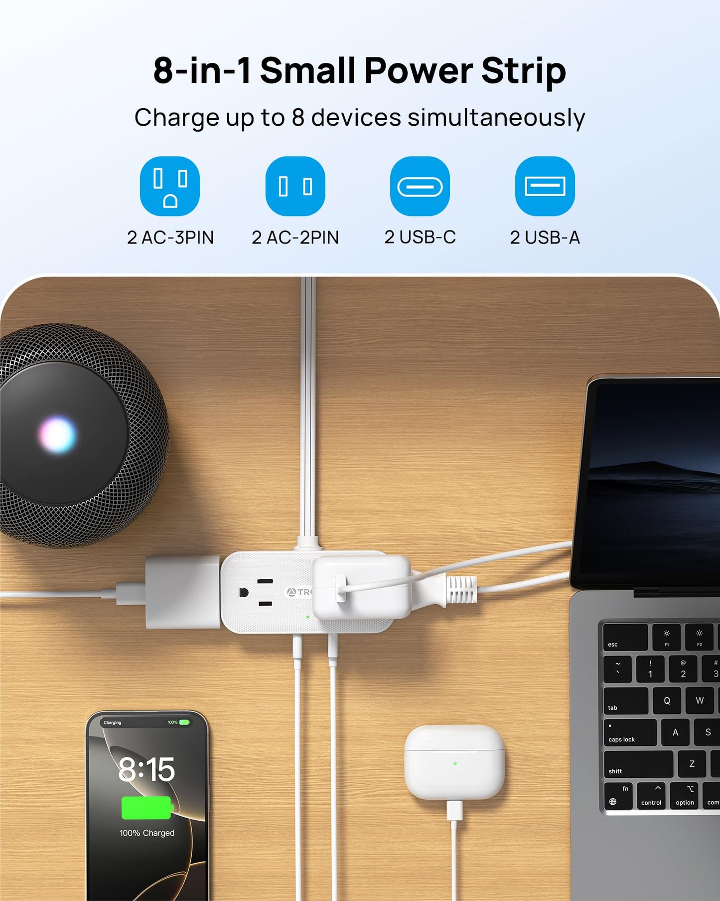 TROND Flat Plug Power Strip 5FT, Small Flat Extension Cord with Multiple Outlets, 4 AC and 4 USB Ports (2 USB C), Wall Mount 900J Surge Protector