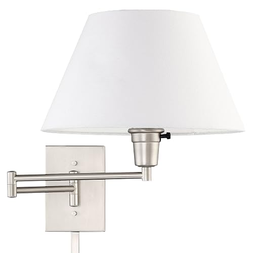 Kira Home Cambridge 15" Modern Swing Arm Wall Sconce with White Empire Fabric Shade, 2-in-1 Plug in or Hardwired Wall Lamp with 3-Way Switch, Satin