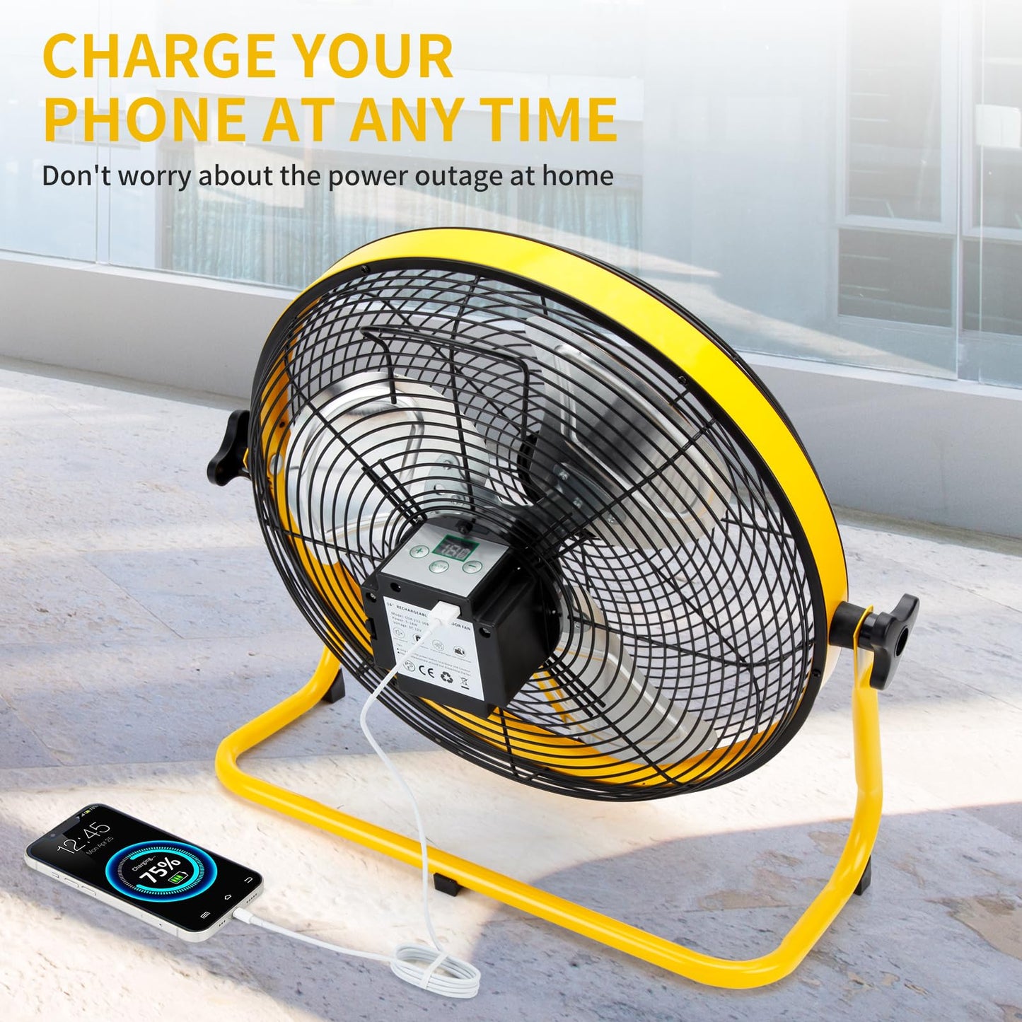 CYBERDAX Solar Powered Rechargeable Fan 16", Whisper Quiet 15dB, 50Hr Runtime for Home Office Camping