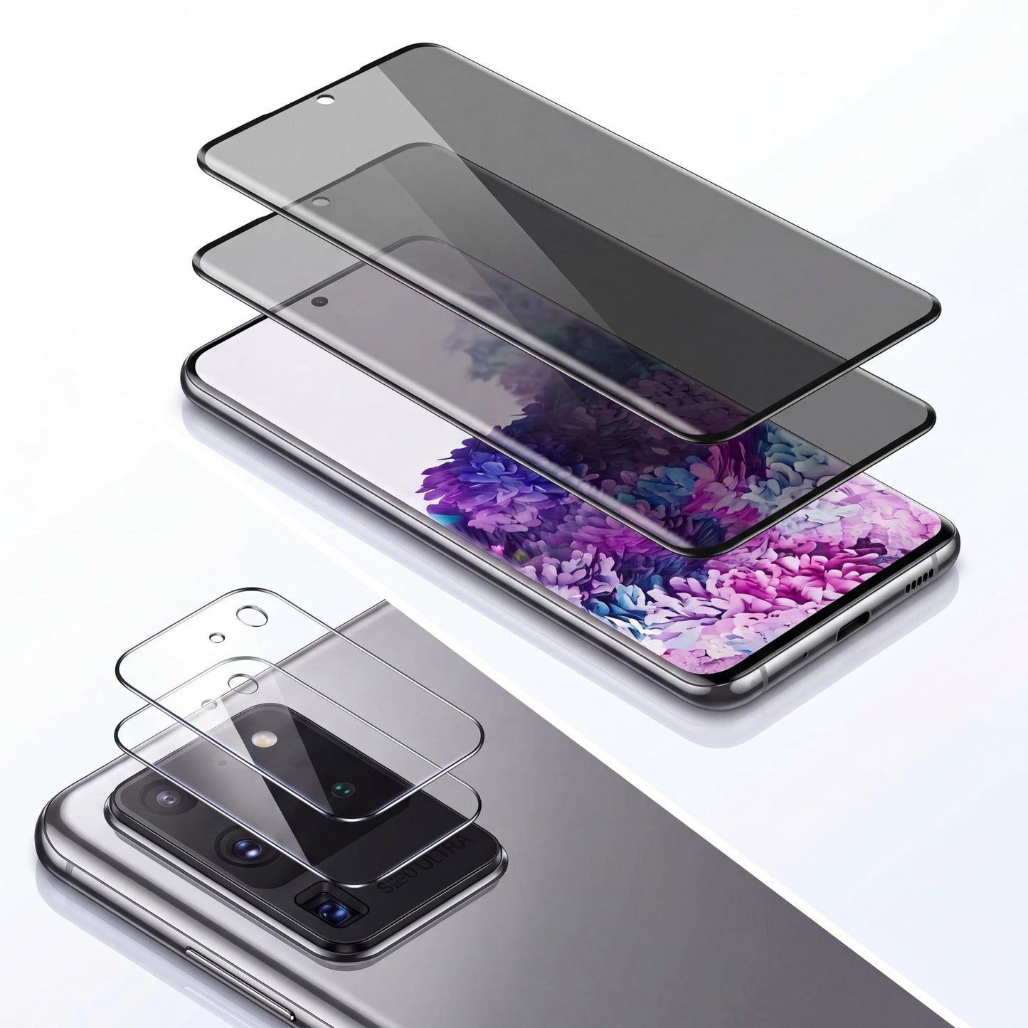 2 Pack Privacy Screen Protector for Samsung Galaxy S20 Ultra with 2 Pack Camera Lens Protector, Tempered Glass Fingerprint Unlock Compatible, 180