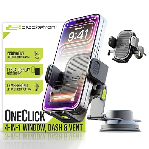 Bracketron OneClick 4-in-1 Car Phone Mount for Tesla Model 3, Y, S, X, Juniper - Dashboard, Windshield, Vent & Screen Holder Accessories - Fits All