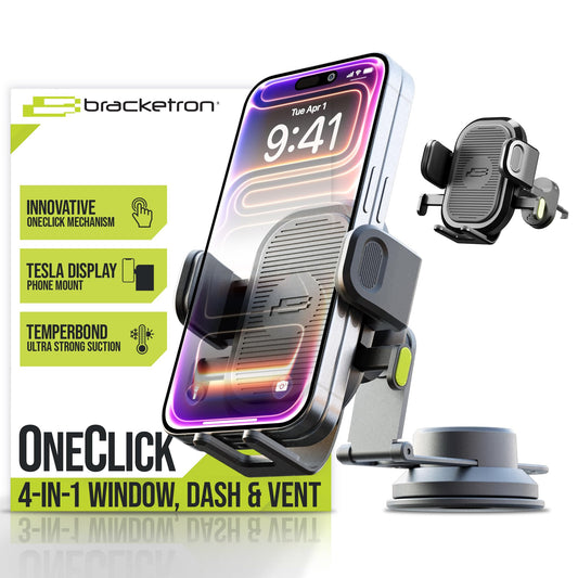 Bracketron OneClick 4-in-1 Car Phone Mount for Tesla Model 3, Y, S, X, Juniper - Dashboard, Windshield, Vent & Screen Holder Accessories - Fits All