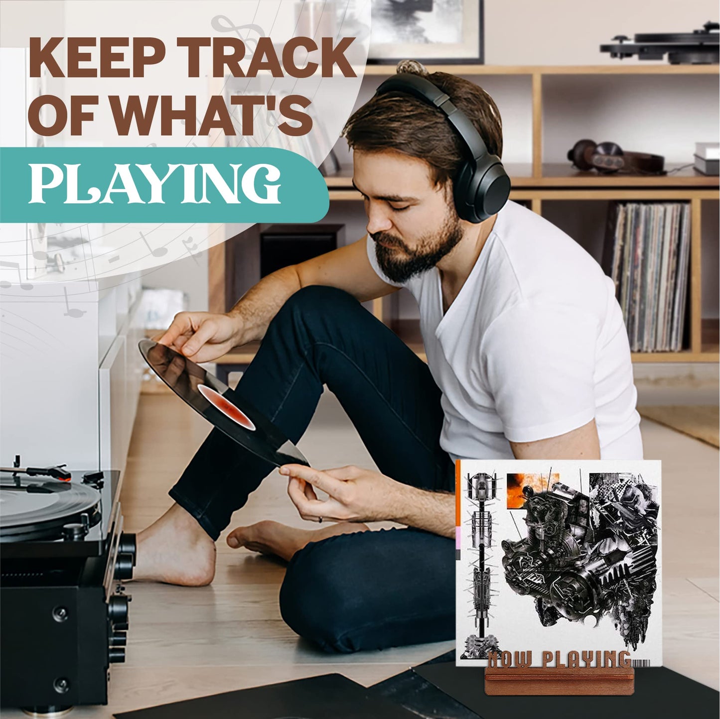 Aikyam Records Now Playing Vinyl Stand - 3D Retro Holder for LP Vinyl Records - Wooden Turntable Accessory - Gift Ideas - Album Display Stand