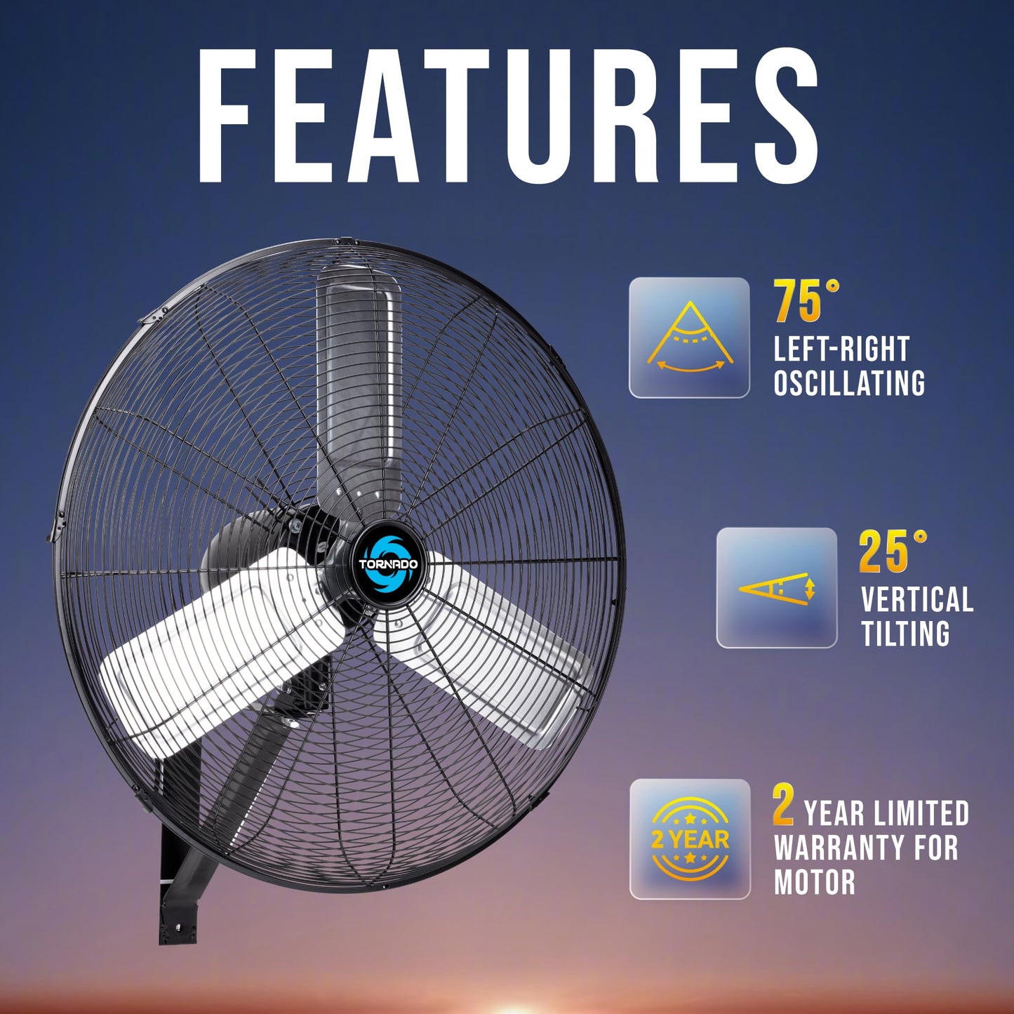 Tornado 24 Inch Pro Series High-Velocity Oscillating Wall Fan - 3-Speed, 7200 CFM, 6.6 FT Cord - UL Safety Certified for Commercial & Industrial Use