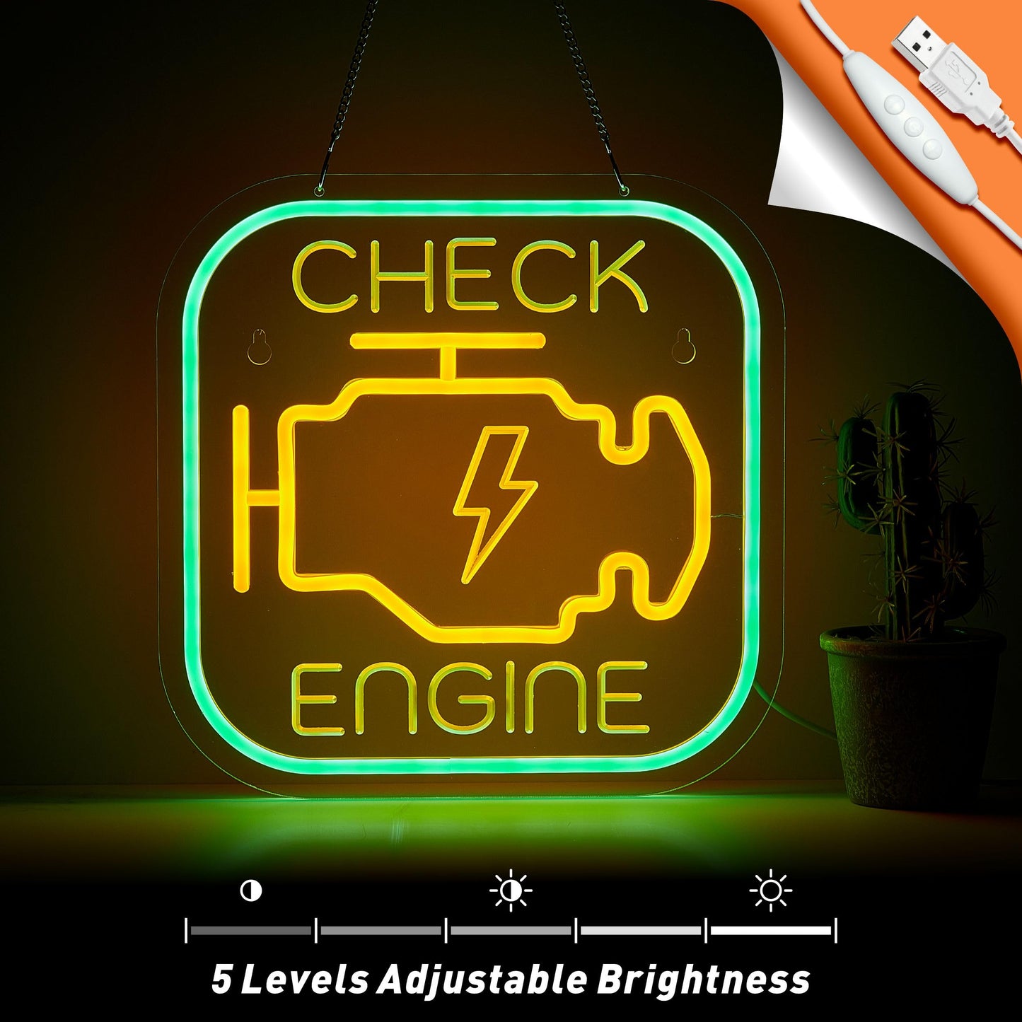 Check Engine Neon Sign for Wall Decor Garage Light LED Light USB Powered for Man Cave Auto Repair Shop Workshop Party Birthday Gift