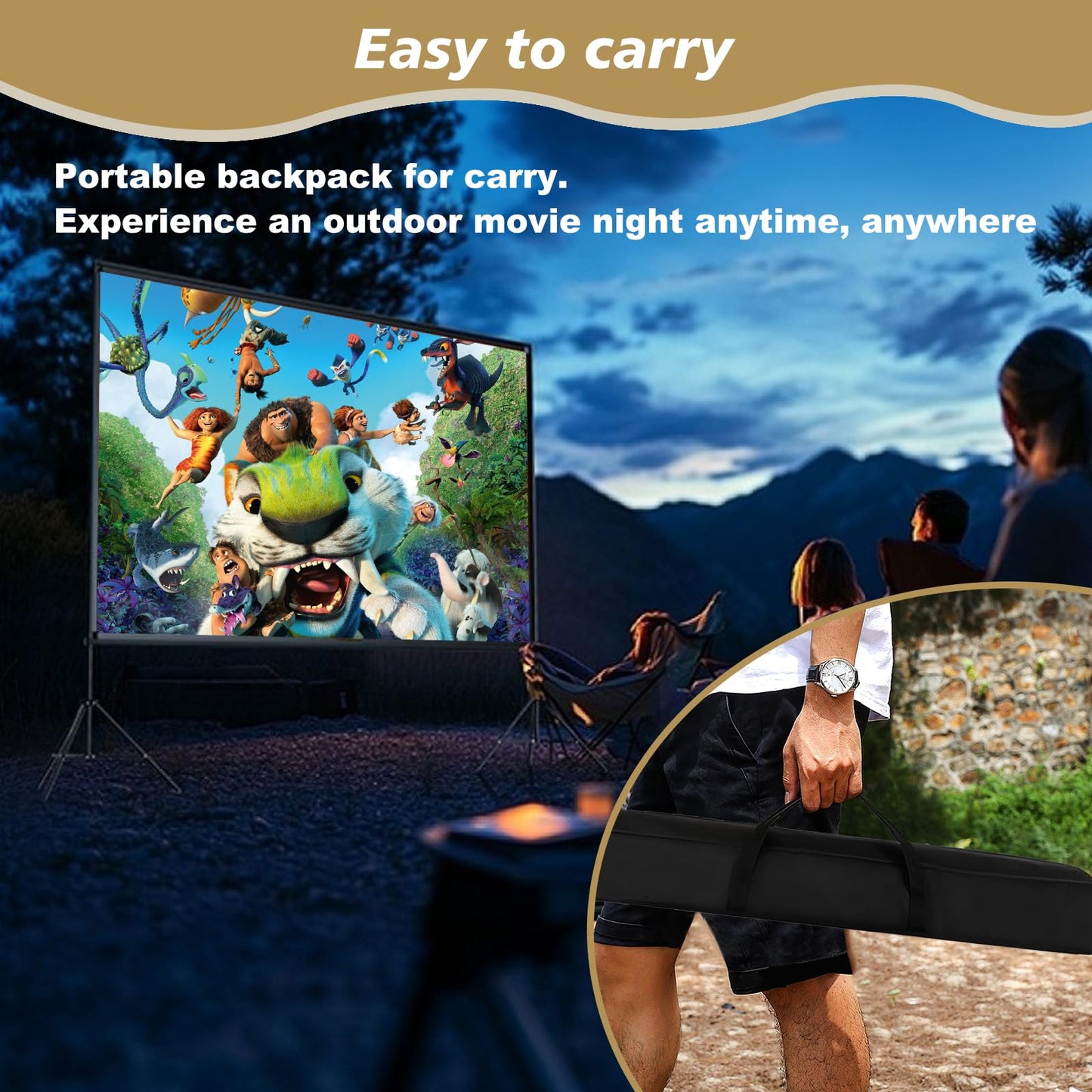 TOPPOY 120 inch Projector Screen with Stand Movie Screen Portable Indoor Outdoor 16:9 Format 4K HD Wrinkle-Free Foldable Design & Easy to Setup