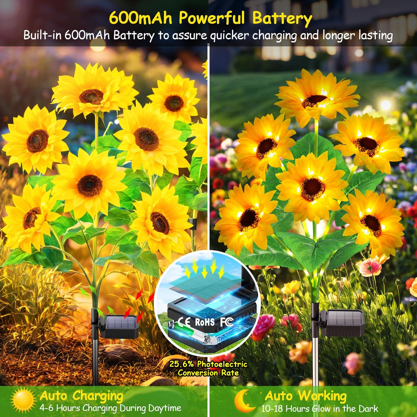 Solar Lights Outdoor Garden Decor, Upgraded 6 Pack with 36 Sunflowers, Auto On/Off Solar Flowers, Waterproof Garden Lights for Yard Patio, Gift