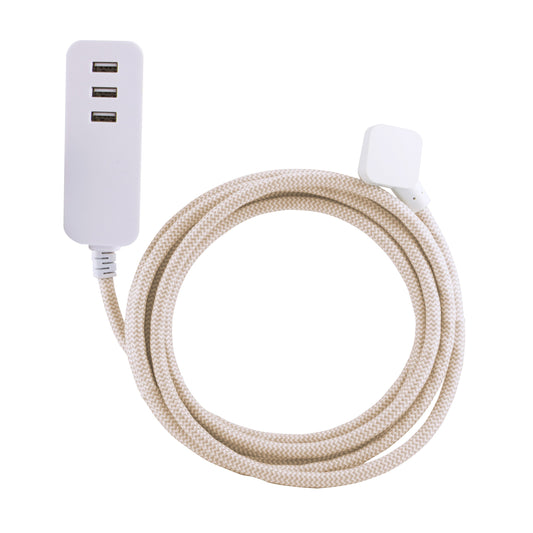 Cordinate 37922 Designer 3-USB Charging Extension Cord with Surge Protection, Brown Braided Fabric Cord, 10 ft, Low-Profile Plug, 3.4A USB Charging