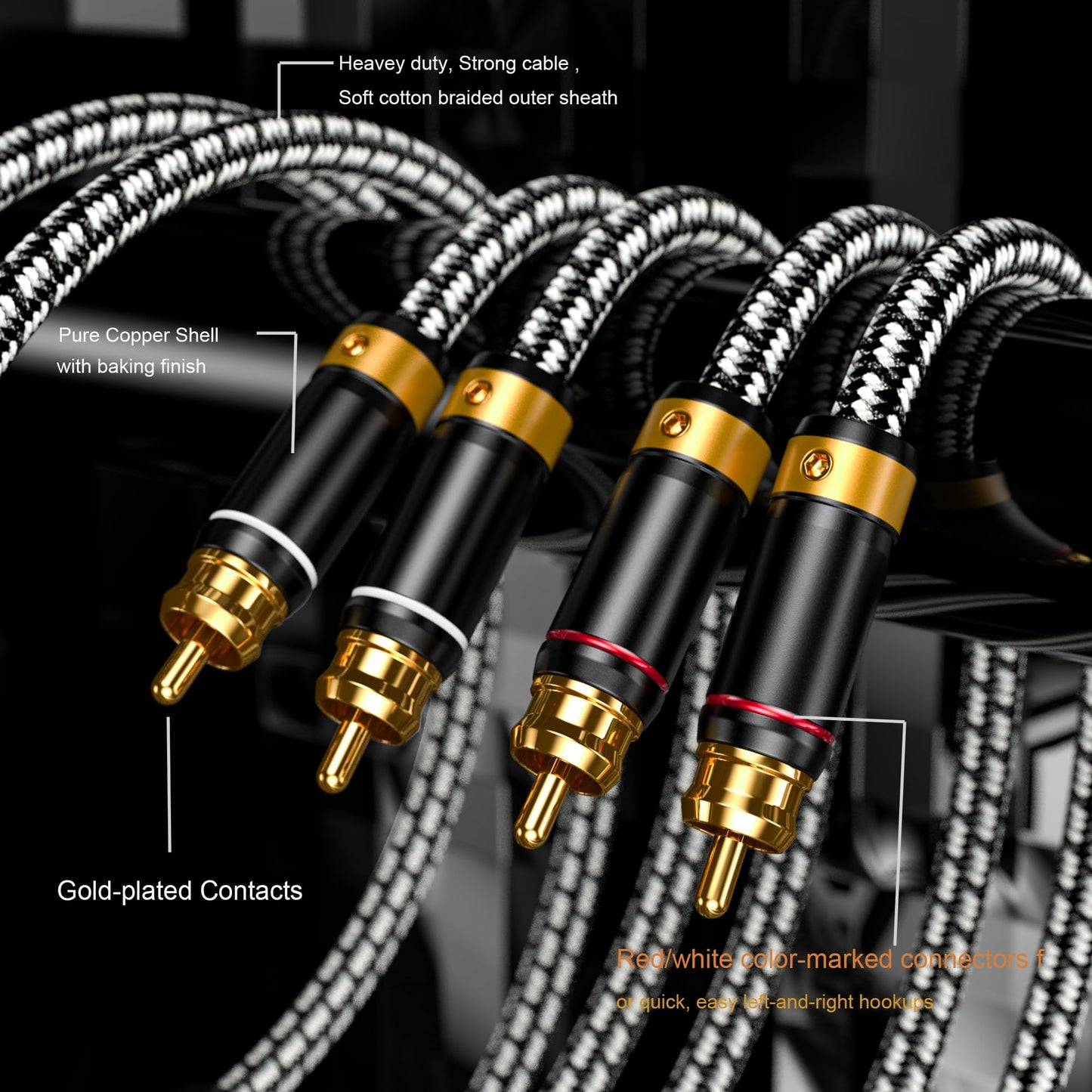 Veimeitk 2 RCA to 2 RCA Audio Cable Silvered-Plated OFC Core 24K Gold-Plated Pure Copper Shell Braided for Home Theater HDTV Amplifiers Hi-Fi Systems