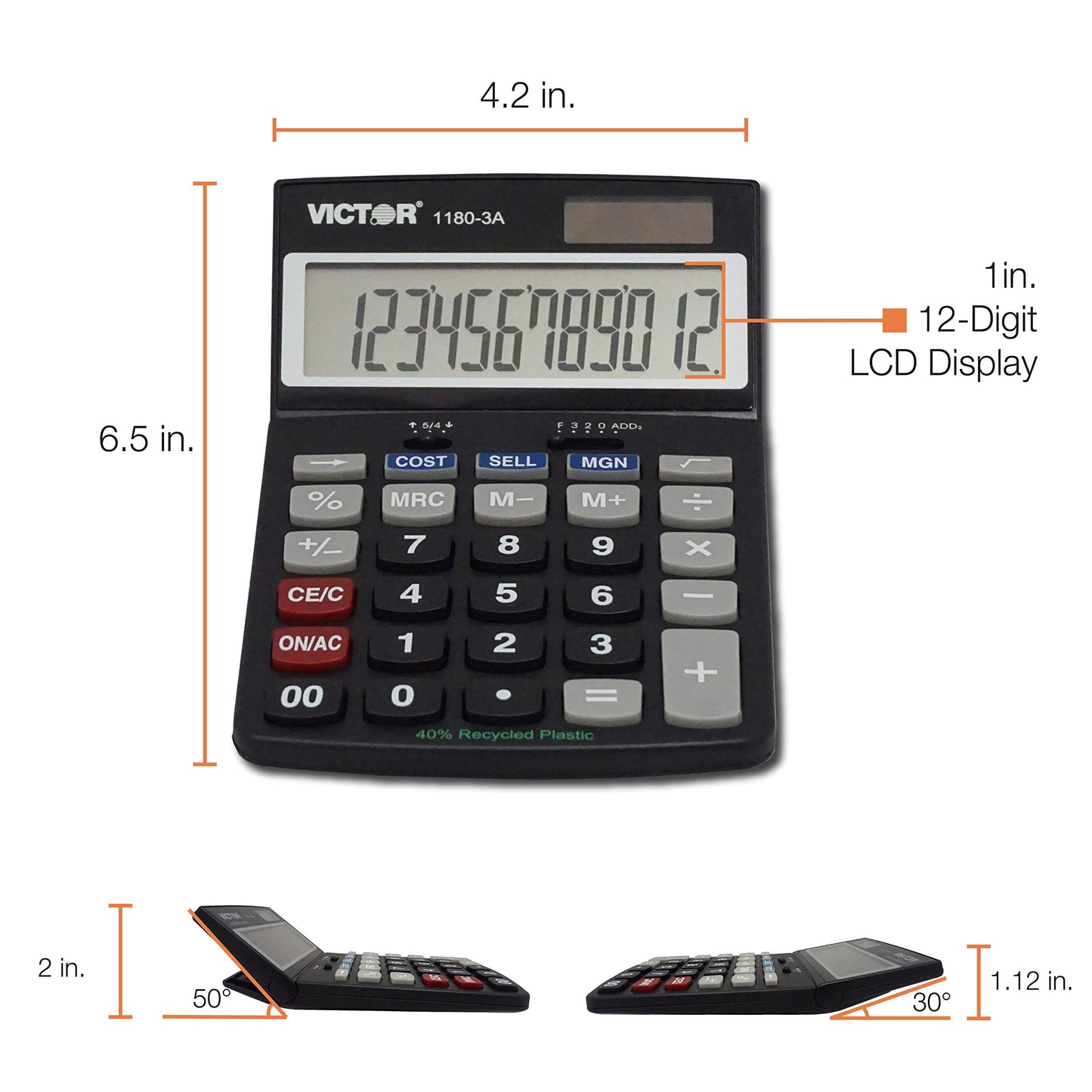 Victor 1180-3A 12-Digit Standard Function Calculator, Battery and Solar Hybrid Powered Adjustable Angle LCD Display, Great For Home and Office Desks
