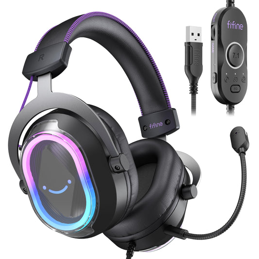 FIFINE Wired USB Gaming Headset: 7.1 Surround Sound - Vibrant Customizable RGB - Game/Chat Balance, Gamer Headphone with Noise Canceling Mic for PC