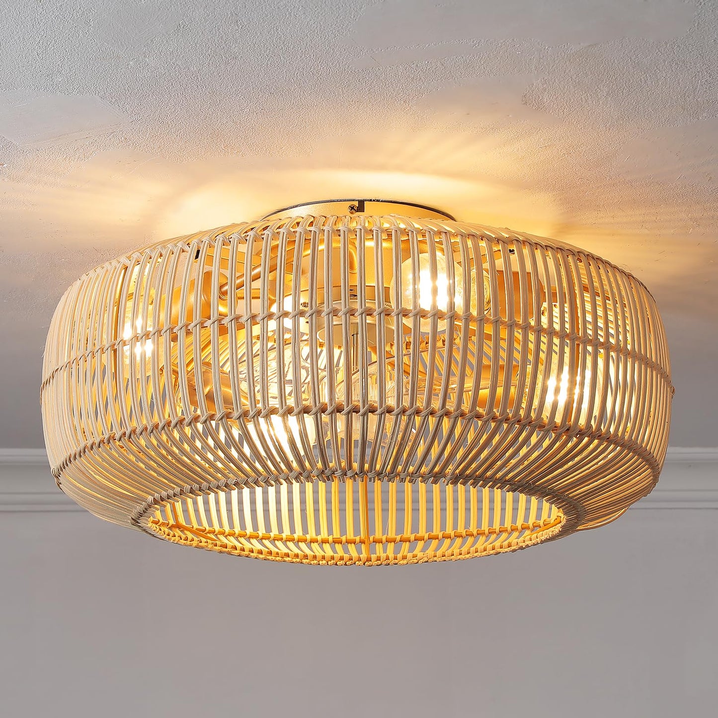 KAUDGHY Boho Rattan Flush Mount Ceiling Fan with Light and Remote: 20" Coastal Boho Bamboo Wicker Fandelier, Gold Chandelier Ceiling Fan for Bedroom