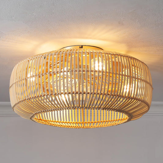 KAUDGHY Boho Rattan Flush Mount Ceiling Fan with Light and Remote: 20" Coastal Boho Bamboo Wicker Fandelier, Gold Chandelier Ceiling Fan for Bedroom