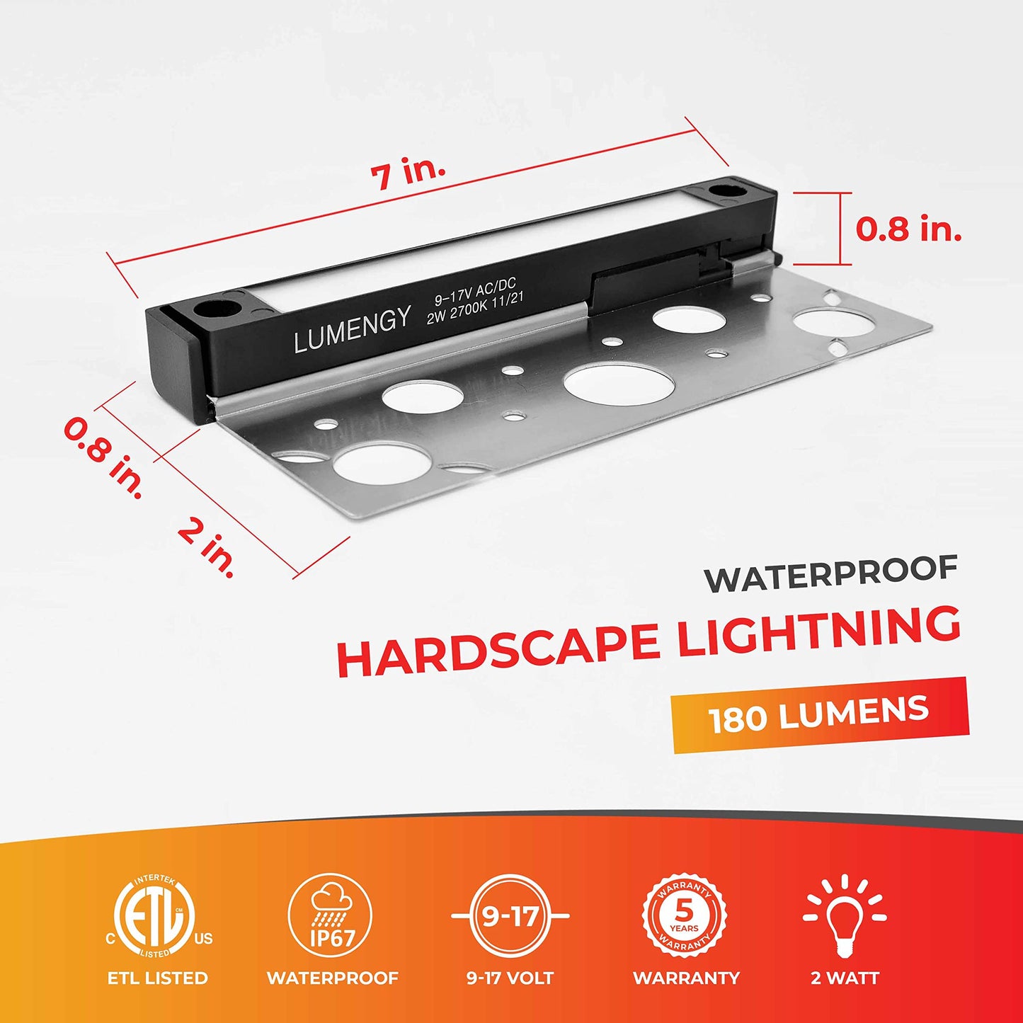 LUMENGY 7 Inch 2W LED Hardscape Light, 2700K Warm White, Easy Replaceable Feature, Includes 3 Mounting Plates for Outdoor Steps, Retaining Walls
