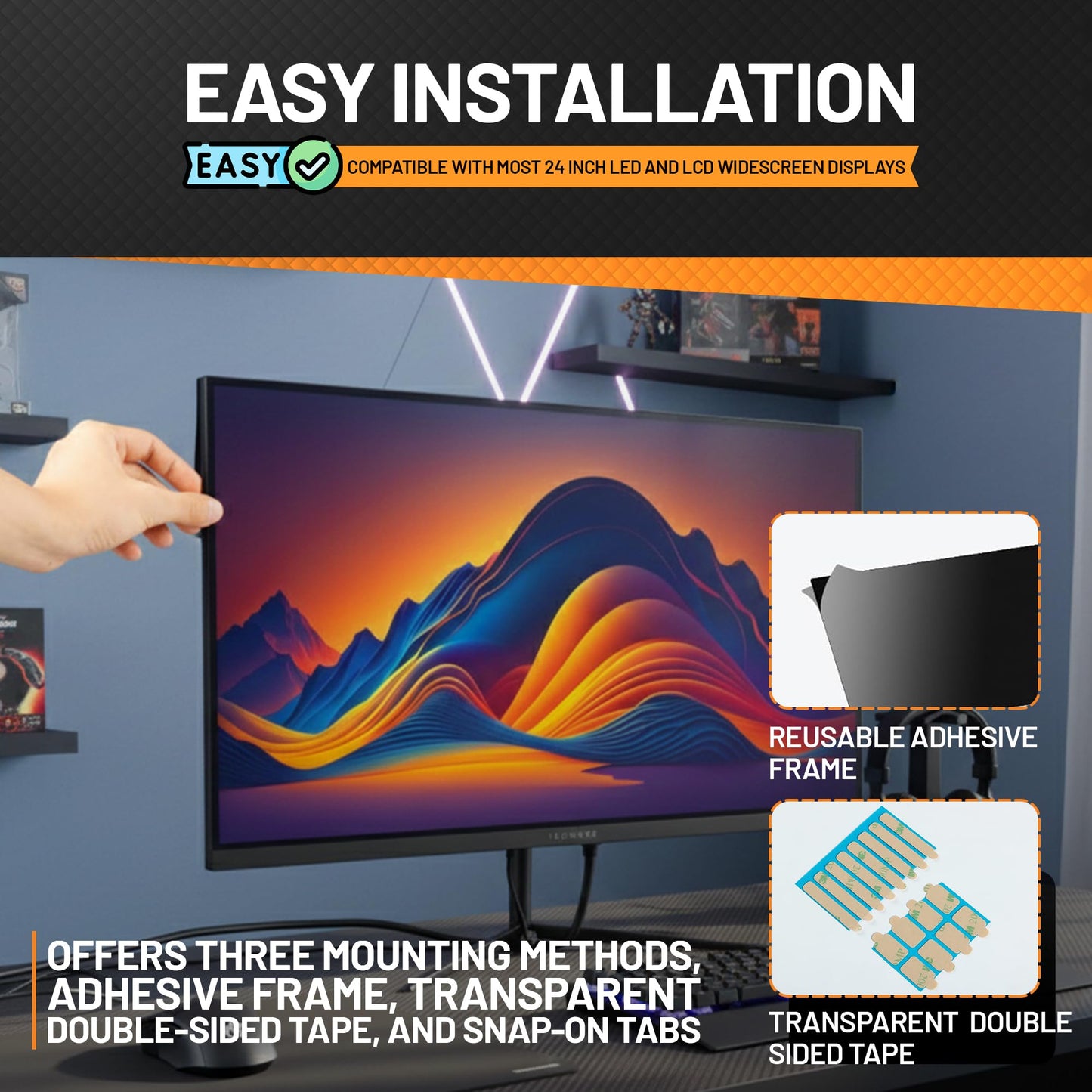 Tecgear Privacy Screen Filter 24 Inch Anti Spy Monitor Filter | Anti Glare Blue Light Blocking Screen Protector | 60 Degree Viewing Angle Computer