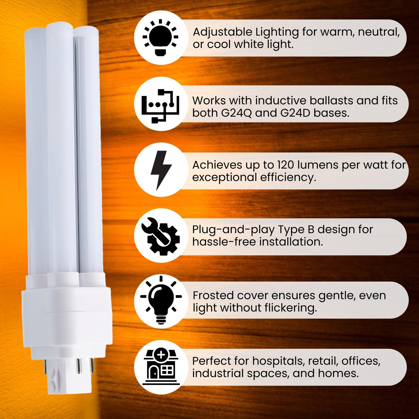 LED PL Lamp, 12W G24Q | 3CCT Selectable 3000K/4000K/5000K | Replaces 26W CFL | Energy-Efficient 120lm/W | Frosted Cover | Long-Lasting 30,000 Hours |
