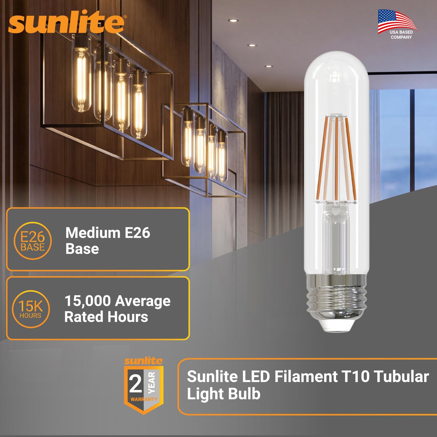 Sunlite LED Filament T10 Tubular Light Bulb, 6 Watts (60W Equivalent), 600 Lumens, Medium E26 Base, Dimmable, 128 mm, UL Listed, 2700K Soft White, 6