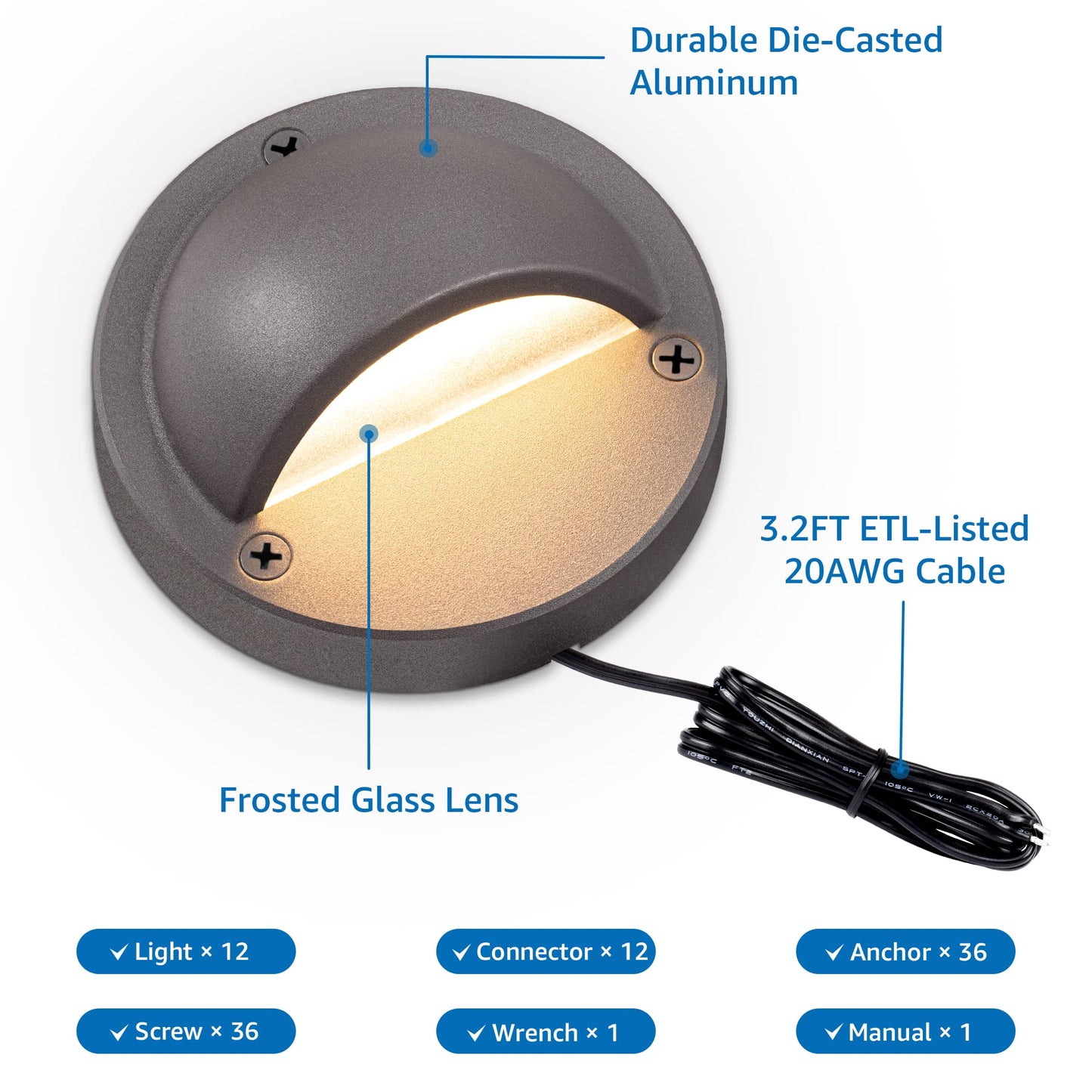 SUNVIE 12 Pack Low Voltage Deck Lights 5W LED Landscape Step Stair Lights Outdoor with Fastlock2 Wire Connector 3000K 12-24V Accent Lighting