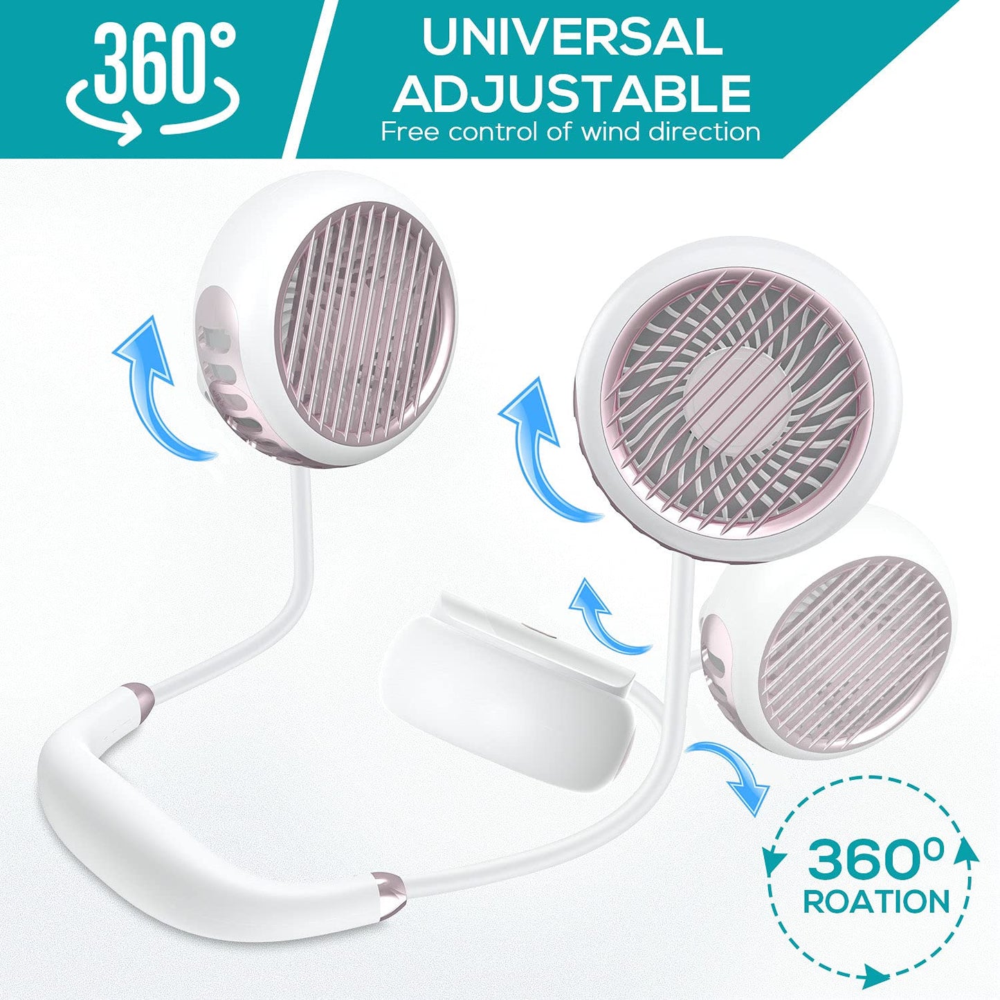 VILICK Portable Neck Fan, Personal Bladeless Small Fan, Rechargeable 360° Cooling Fan, Wearable Hands Free USB Fan Quiet 3 Speed Adjustable for Travel