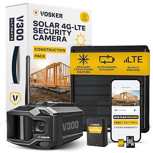 Vosker V300 Ultimate Construction Pack Outdoor Security Camera with External Solar Panel for Remote Construction Sites 4G LTE Black Single Unit