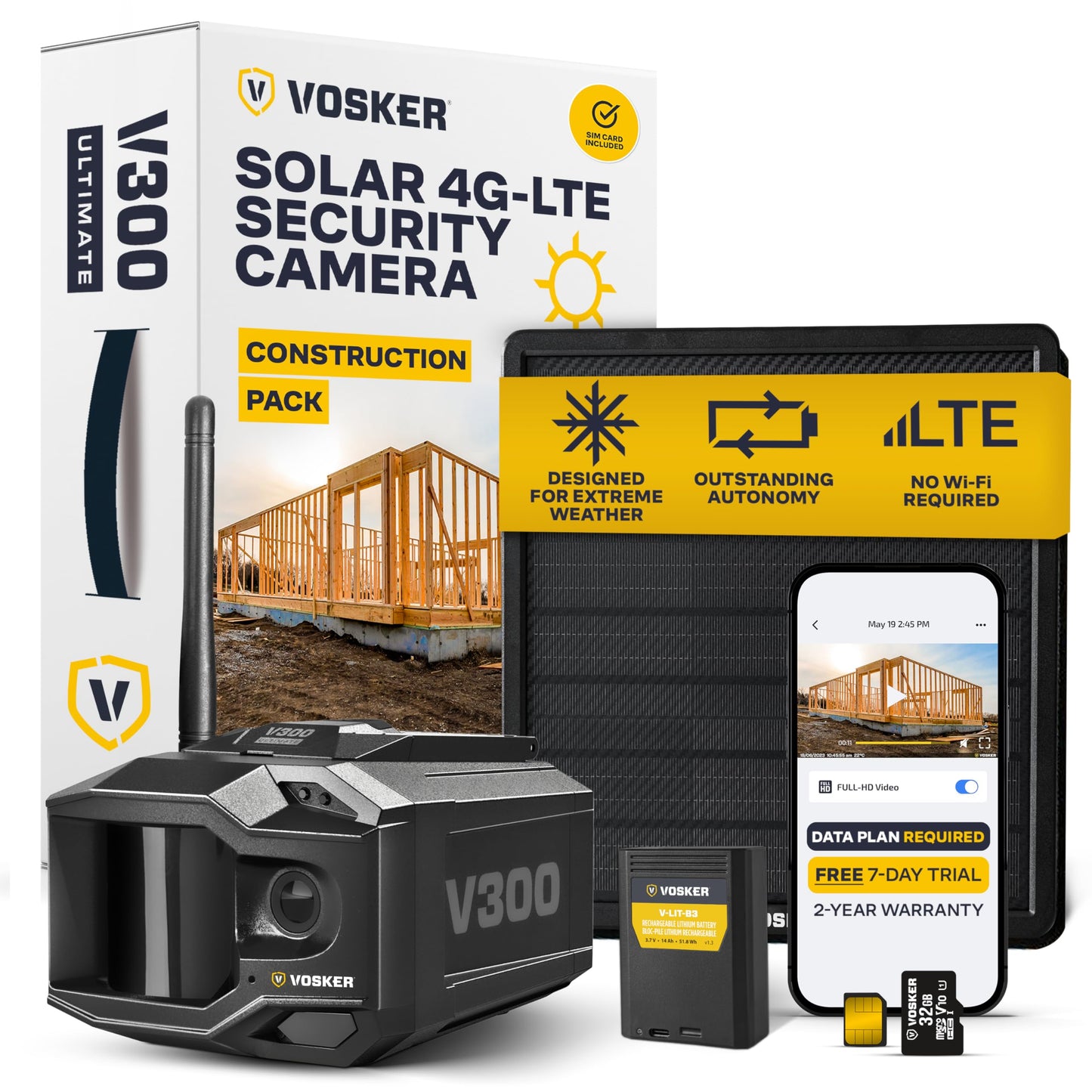 Vosker V300 Ultimate Construction Pack Outdoor Security Camera with External Solar Panel for Remote Construction Sites 4G LTE Black Single Unit