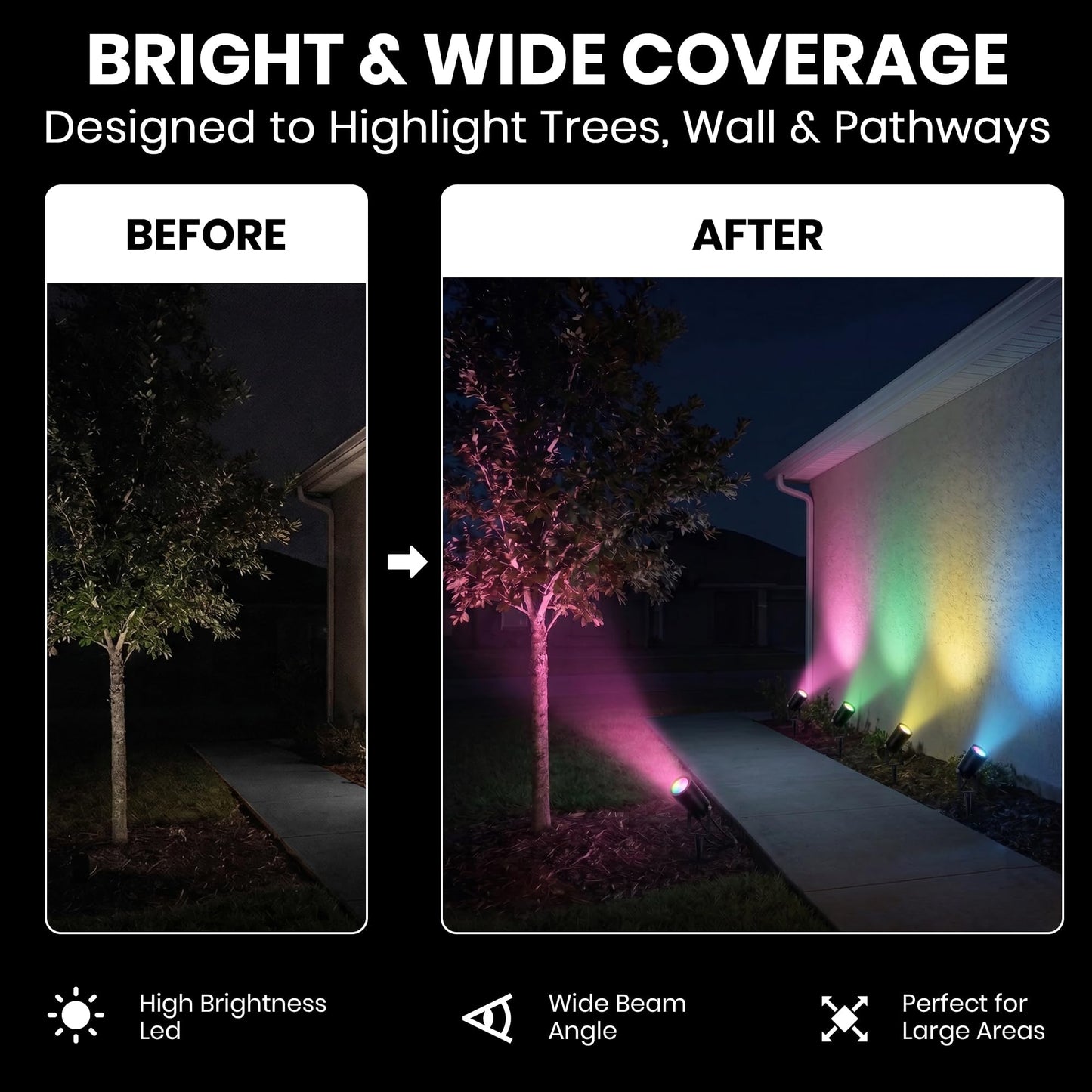Novelty Lights Smart RGB+WW Landscape Spot Lights - 4 Pack Color Changing Outdoor Lights with Remote & App Control, 16 Million Colors, 2200K-6500K