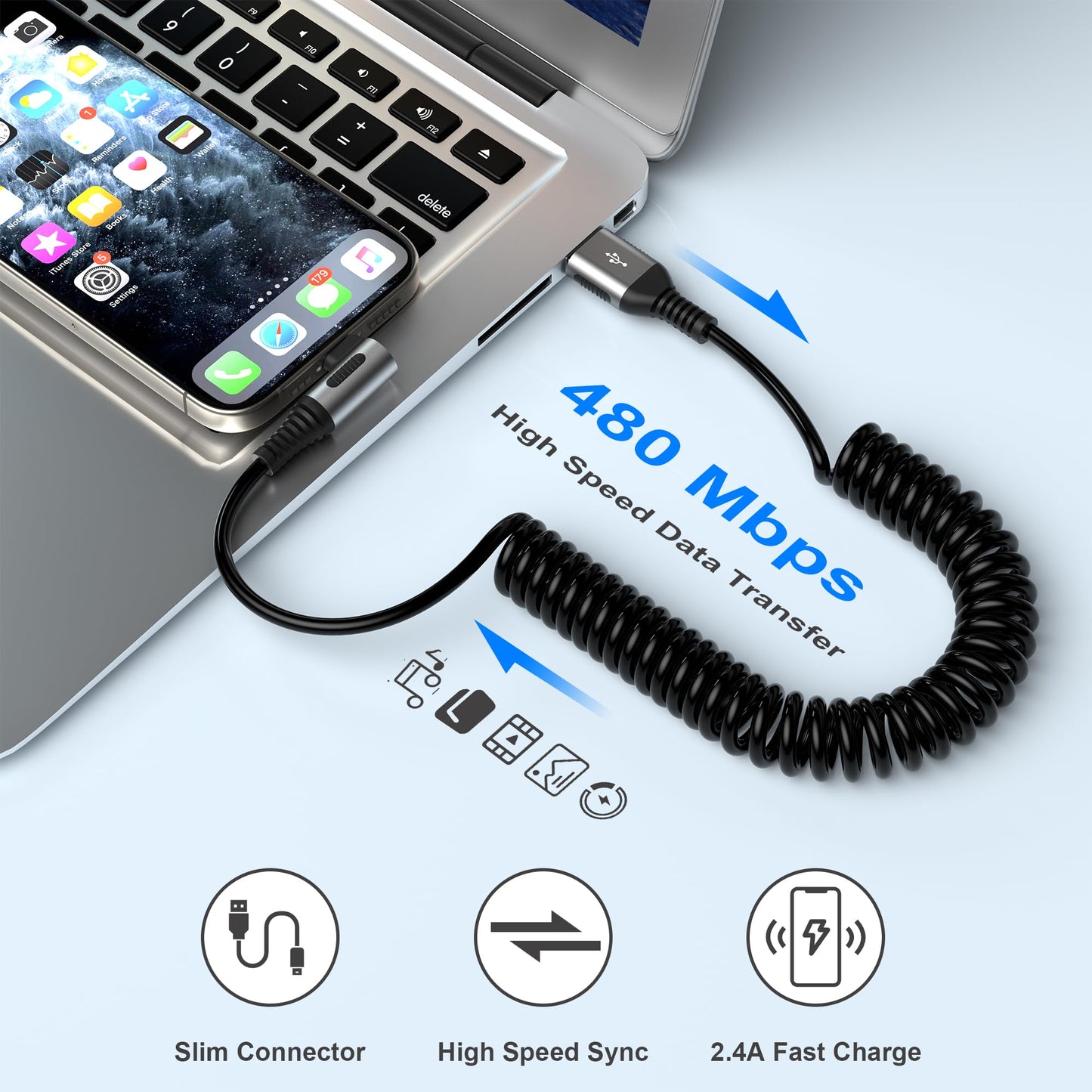 90 Degree Coiled Lightning Cable, 2 Pack iPhone Charger Cable for Apple Carplay [MFi Certified], USB Fast Charging Coiled Lightning Cable Right Angle…