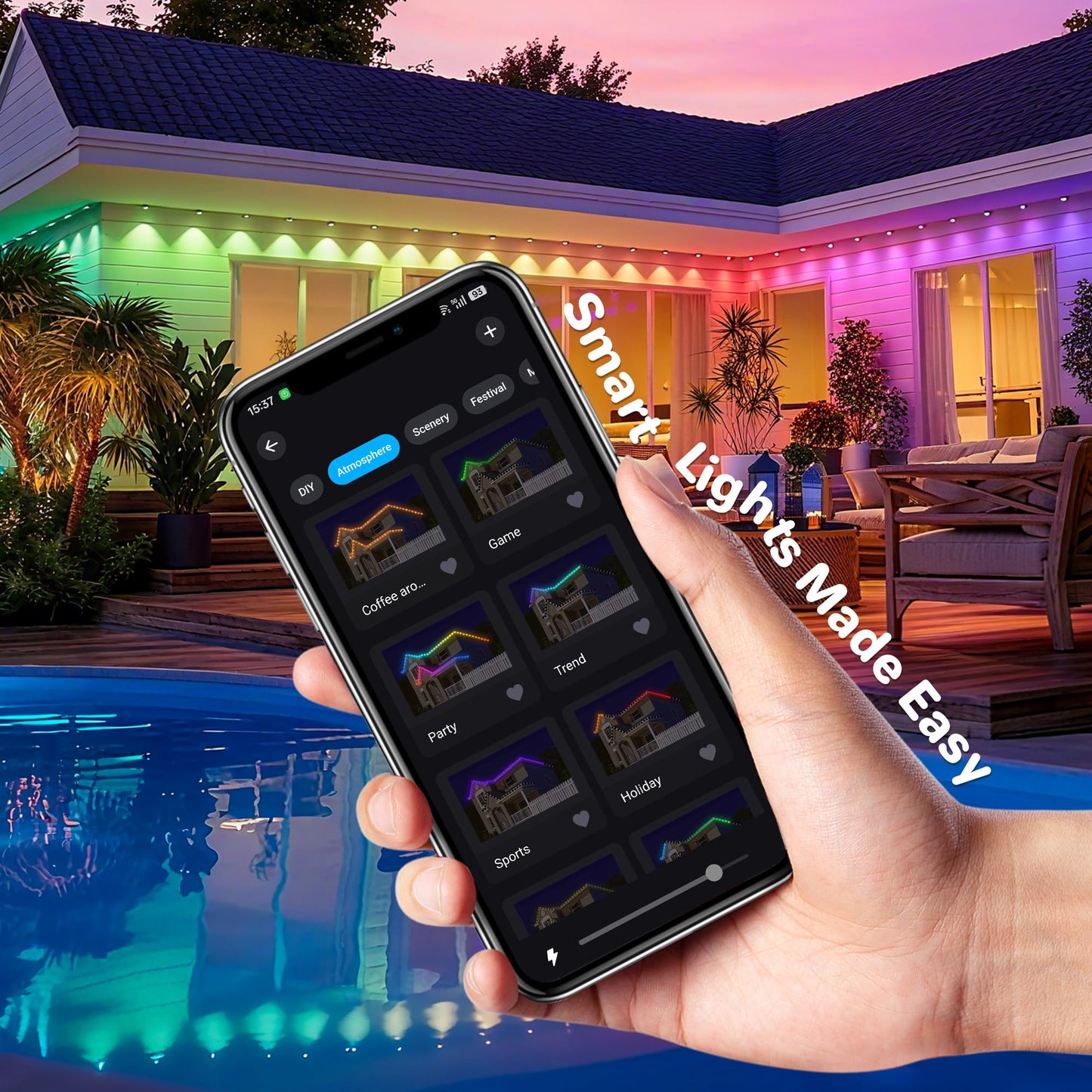Briteglotec 50ft Permanent Outdoor Lights with 30 Bright LEDs, 120° Wide Beam RGBIC Smart Eave Lights, 16 Million Colors & Music Sync, IP67 Waterproof