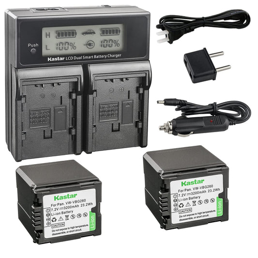 Kastar LCD Dual Fast Charger & 2 x Battery Replacement for Panasonic VWVBG260 and SDR-H40, SDR-H80 Series, HDC-HS700, TM700, HS300, TM300, HS250