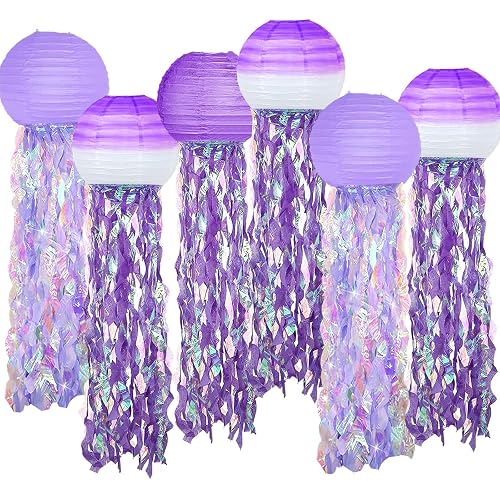 6 Packs Jellyfish Paper Lanterns Hanging Mermaid Wishes Lantern Gradient Purple Lavender Purple Ocean Theme Party Supplies Great for Kids Birthday