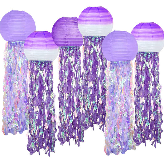 6 Packs Jellyfish Paper Lanterns Hanging Mermaid Wishes Lantern Gradient Purple Lavender Purple Ocean Theme Party Supplies Great for Kids Birthday