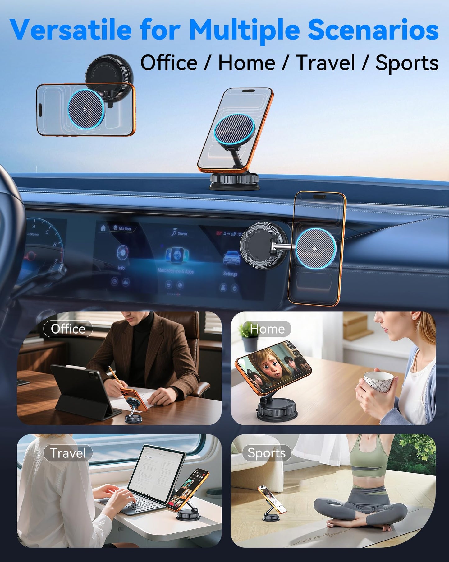 15W MagSafe Car Mount Charger, Magnetic Wireless Car Charger with Vacuum Suction Cup & Nano Adhesive Base, 360° Rotatable Strong Hold Car Phone Mount