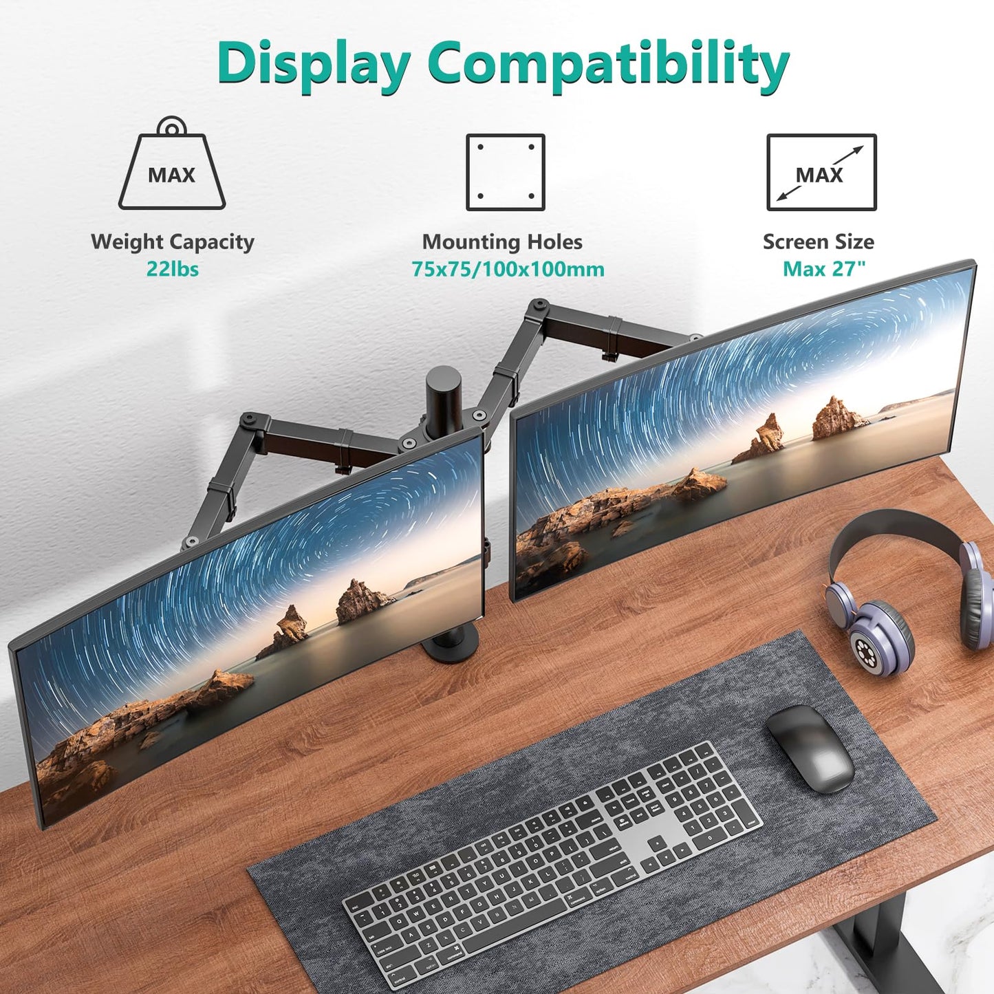 WALI Dual Monitor Stand for Desk, Dual Monitor Mounts for 2 Monitors up to 27 inch, 2 Monitor Desk Mount Holds up to 22 lbs, Height Adjustable Swivel