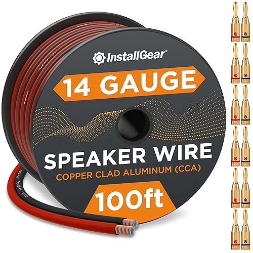 InstallGear 14 Gauge Speaker Wire - 100 Ft Copper Clad Aluminum Speaker Cable with 12 Banana Plugs for Easy Installation - Flexible PVC Jacket