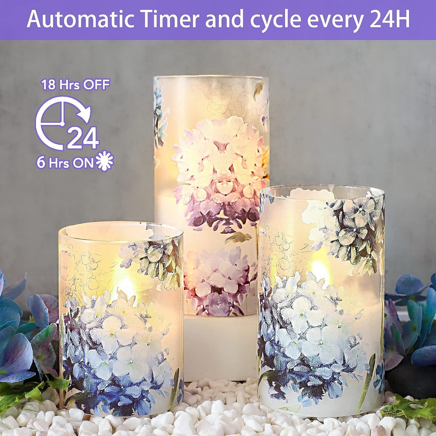 REVELBUNNY Blue Hydrangea Flameless Candles, Decorative LED Candles Flickering with Remote Timer, Battery Operated Real Wax Candles for Birthday Party