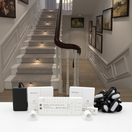 RWOFNIA Motion-Activated LED Stair Lighting Kit RW-5620-B, Warm White 2700K Mini LED Light Bulbs Suilt For Indoor Carpeted Or Wooden Staircase (8