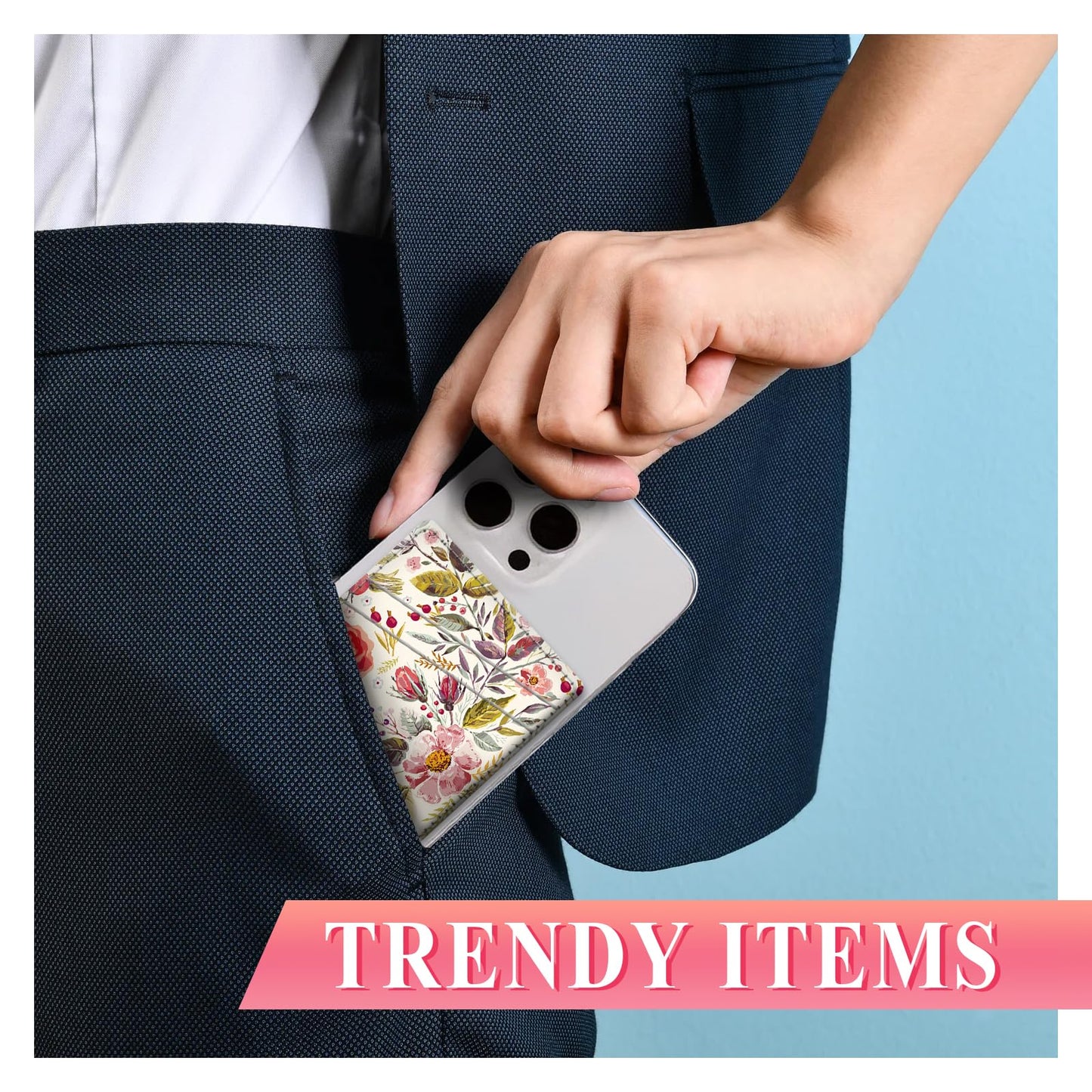 AFYEWKC Phone Card Holder Leather, Dual Pocket Phone Wallet Stick On, Adhesive Cute Credit Card Sleeves for Phone Case Compatible with Most Phones