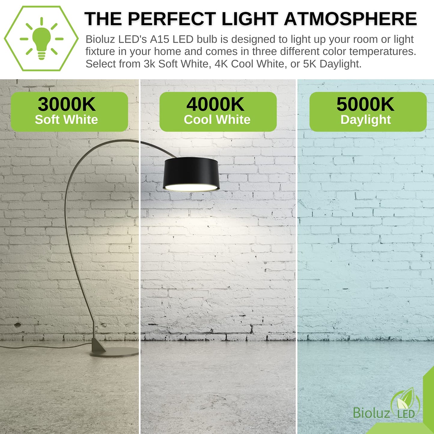 Bioluz LED 60W Equivalent A15 LED Light Bulbs, Daylight White, 8W, 4 Pack, Dimmable, E26 Base, 800 Lumens, 15000 Hours Life