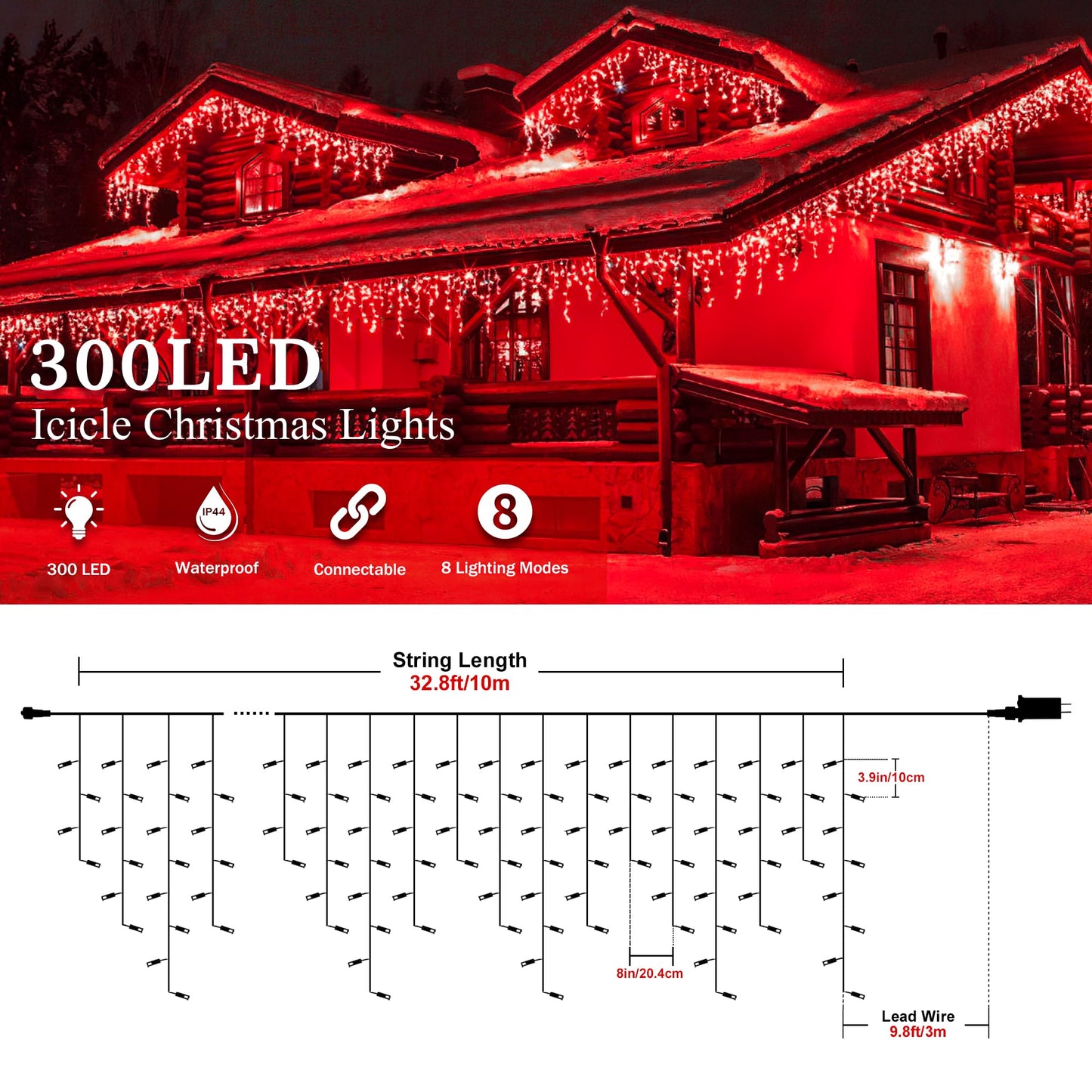 oopswow Christmas Icicle Lights Outdoor,300LED 33FT Christmas String Lights,Connectable Valentine's Day Lights with 30V Plug in for Valentine Wedding